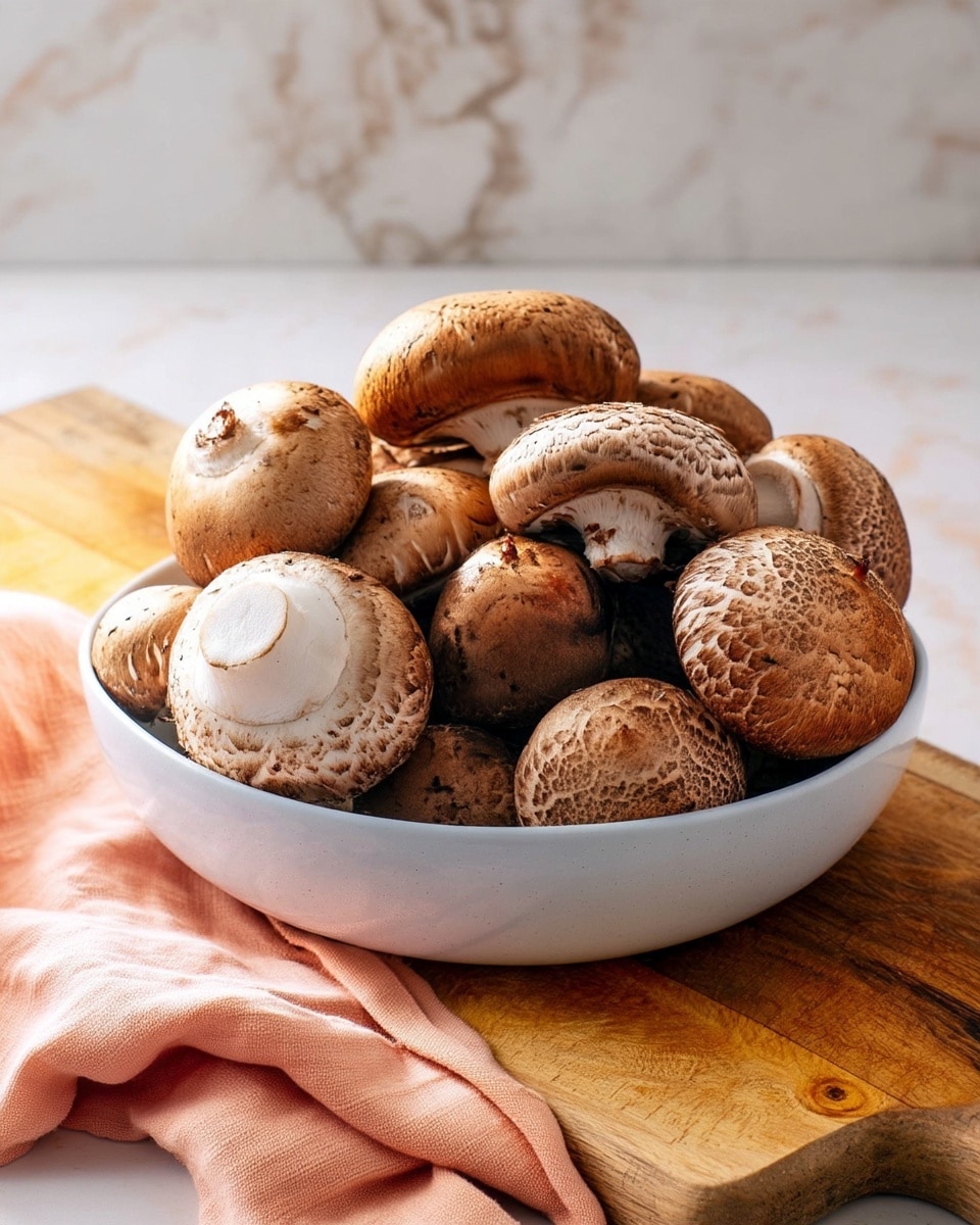 A white bowl filled with a pile of fresh brown mushrooms, each showing a textured, patterned surface with various light and dark brown spots. The mushrooms vary in size, stacked closely with some caps facing up and some on their sides, revealing white stems. The bowl sits on a wooden cutting board with a folded pink cloth next to it. The background is a white marbled surface. photo taken with an iphone --ar 4:5 --v 7
