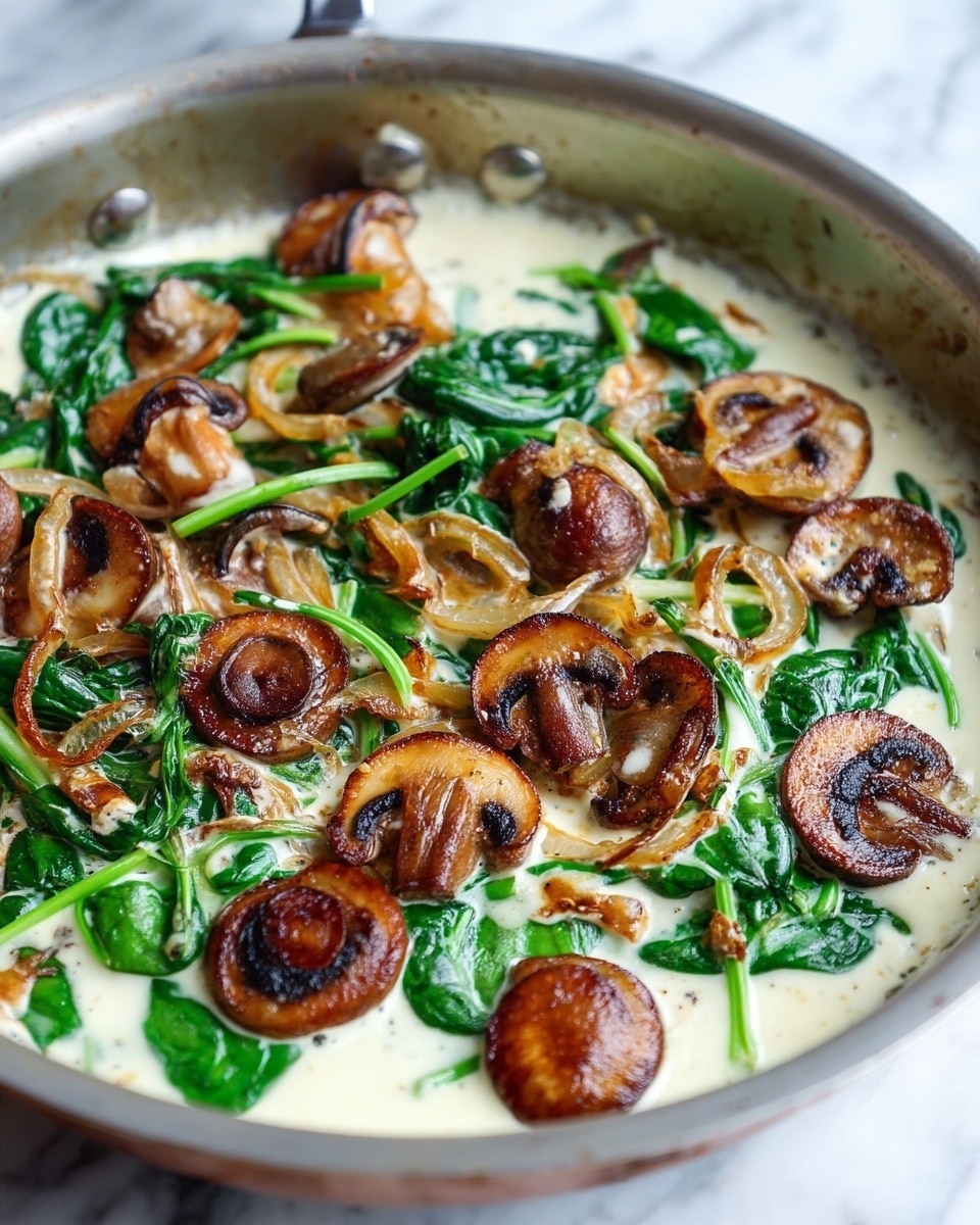 The image shows a close-up of a pan filled with a creamy dish that has several visible layers. The bottom layer is a white cream sauce that looks smooth and thick. On top of the sauce, there are dark brown and light brown cooked mushroom slices with a slightly wrinkled texture. Interspersed among the mushrooms are bright green spinach leaves that look fresh and soft. There are also thin, caramelized onion strips scattered throughout, adding a golden-brown color and a bit of shine. The pan has a metallic surface with a slight reflection, and the background is a white marbled texture. photo taken with an iphone --ar 4:5 --v 7