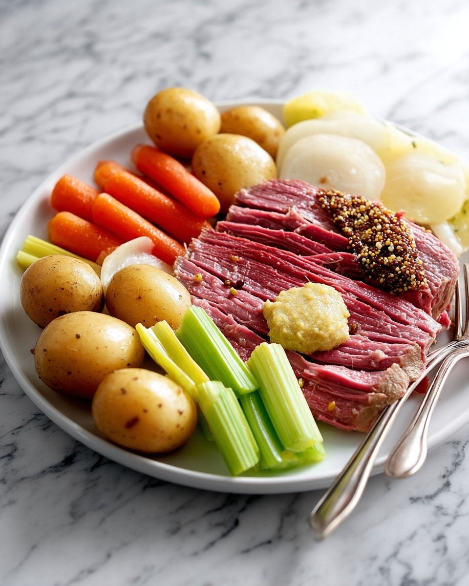 A large white plate holds a thick layer of shredded pink corned beef topped with a thick spread of coarse whole grain mustard, showing yellow and brown seeds. Surrounding the corned beef are several pale yellow round potatoes, bright orange baby carrots, pale green celery sticks, and translucent white onion slices, all soft in texture. The plate is set on a white marbled surface, and a metal fork lies beside it, adding a touch of shine to the rustic presentation. Photo taken with an iphone --ar 4:5 --v 7