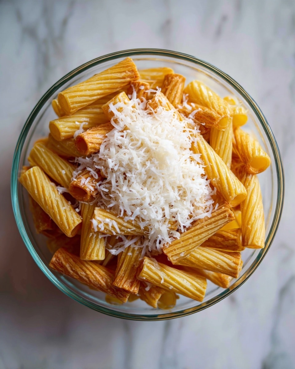 A clear glass bowl filled with golden brown rigatoni pasta, slightly ridged and cooked to a firm texture; a light heap of finely grated white cheese rests on top in the center, creating a small, fluffy mound contrasting with the deeper color of the pasta below; the bowl sits on a white marbled surface, with a warm and soft natural light making the cheese and pasta look fresh and inviting, photo taken with an iphone --ar 4:5 --v 7
