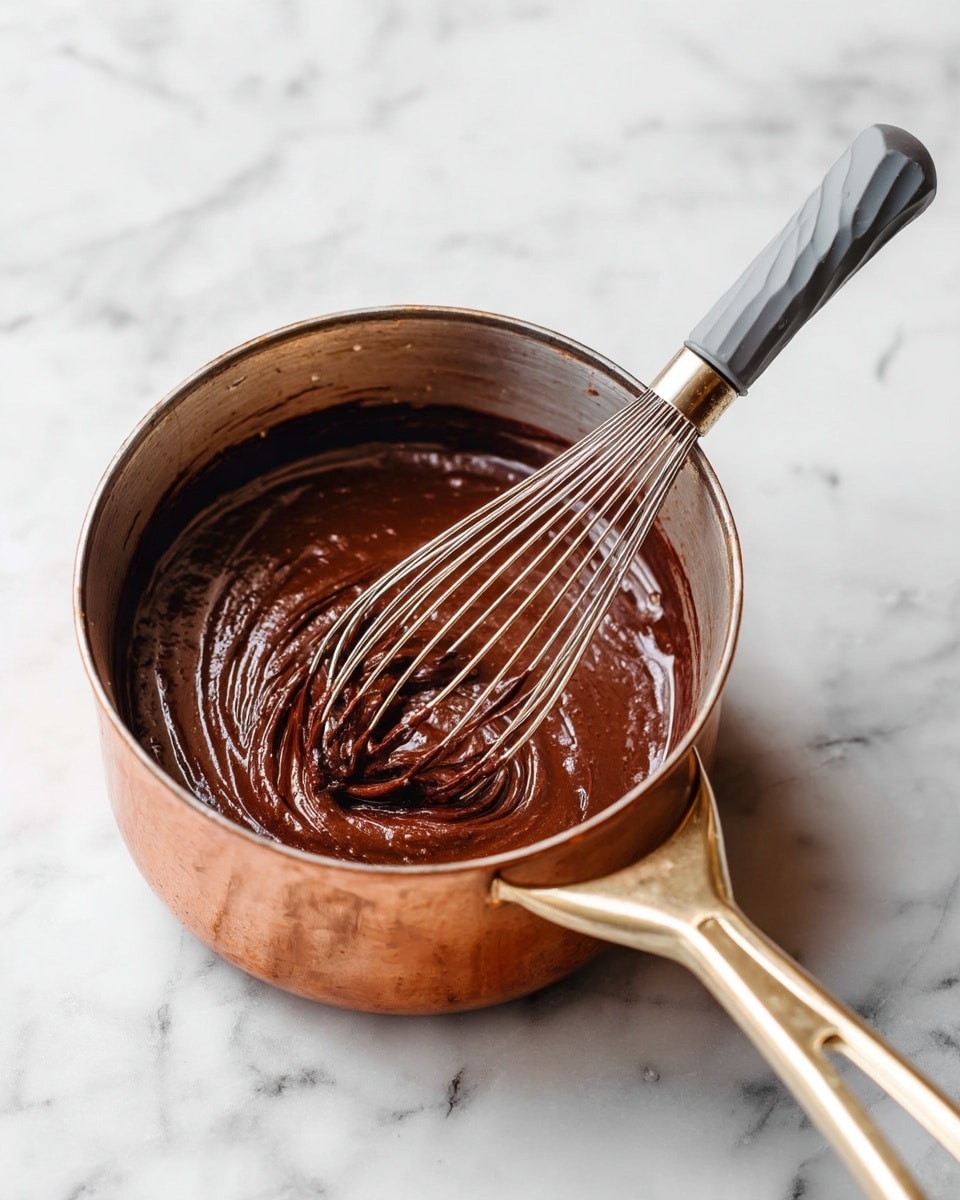 A small copper pot filled with thick, rich, dark brown chocolate mixture that has a smooth and glossy texture. A silver whisk with a light gray handle is resting inside the pot, partially coated with the chocolate mixture. The pot handle is light gold, and the pot sits on a white marbled surface, enhancing the contrast with the dark chocolate inside. photo taken with an iphone --ar 4:5 --v 7