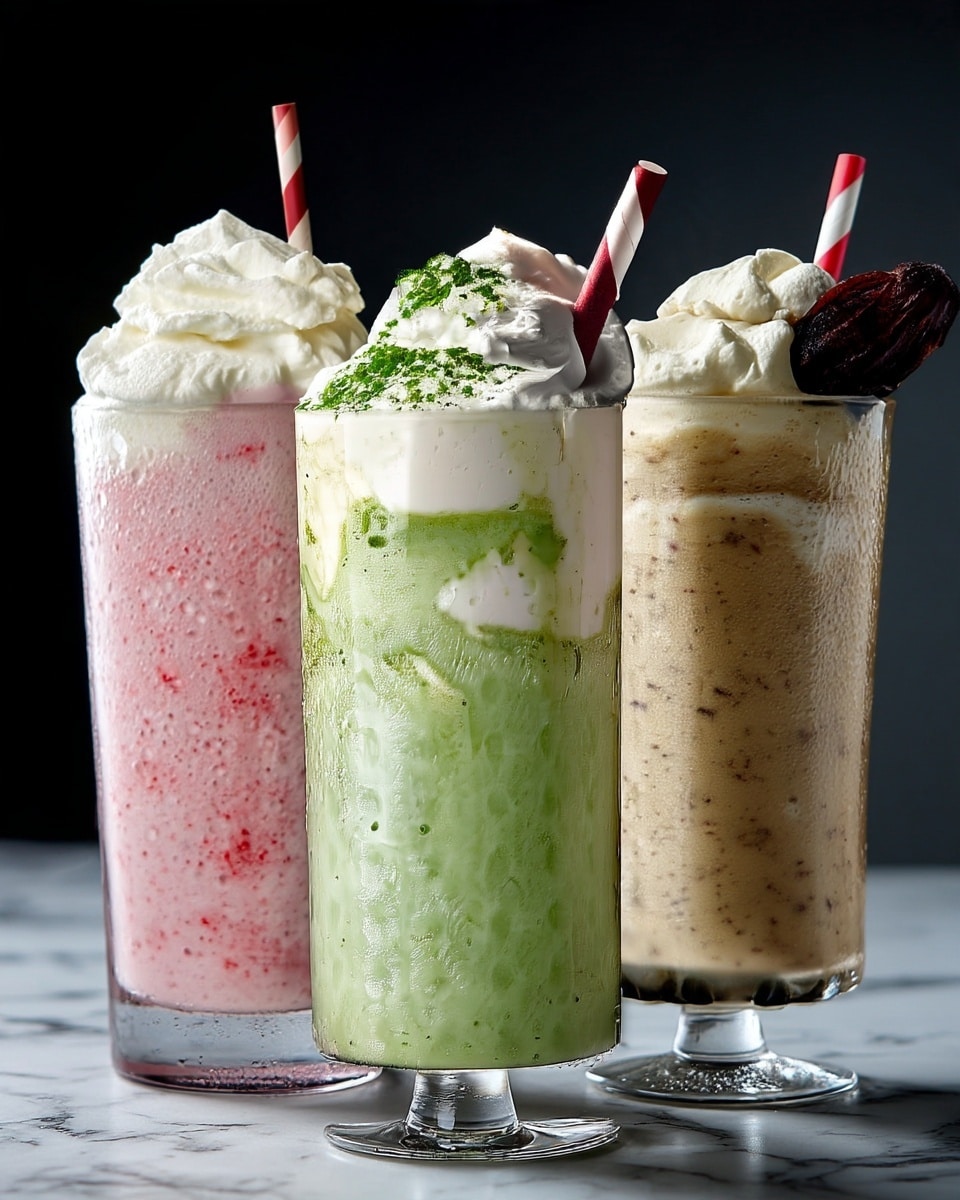 The image shows three tall clear glasses filled with different creamy drinks, placed side by side against a dark background with a white marbled surface underneath. The left glass contains a pink drink with a frothy texture, topped with a thick layer of white whipped cream and a red and white striped straw sticking out from the whipped cream. The middle glass holds a green drink with a foamy texture and lighter cream swirls inside, topped with a generous mound of white whipped cream sprinkled with green powder and a red and white striped straw. The right glass has a beige drink with visible small brown bits mixed throughout, topped with white whipped cream and a dark brown dried fruit piece inserted on one side. Each drink shows condensation outside the glass, emphasizing their cold temperature. Photo taken with an iphone --ar 4:5 --v 7