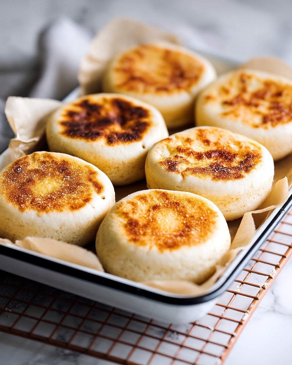 A close-up view of eight round bread pieces with golden brown toasted tops arranged side by side in two rows inside a white metal tray lined with light brown parchment paper. The bread has a slightly rough texture with some darker spots on top, and the sides are pale and soft-looking. The tray sits on a wire rack over a white marbled surface with a soft blur in the background. Photo taken with an iphone --ar 4:5 --v 7