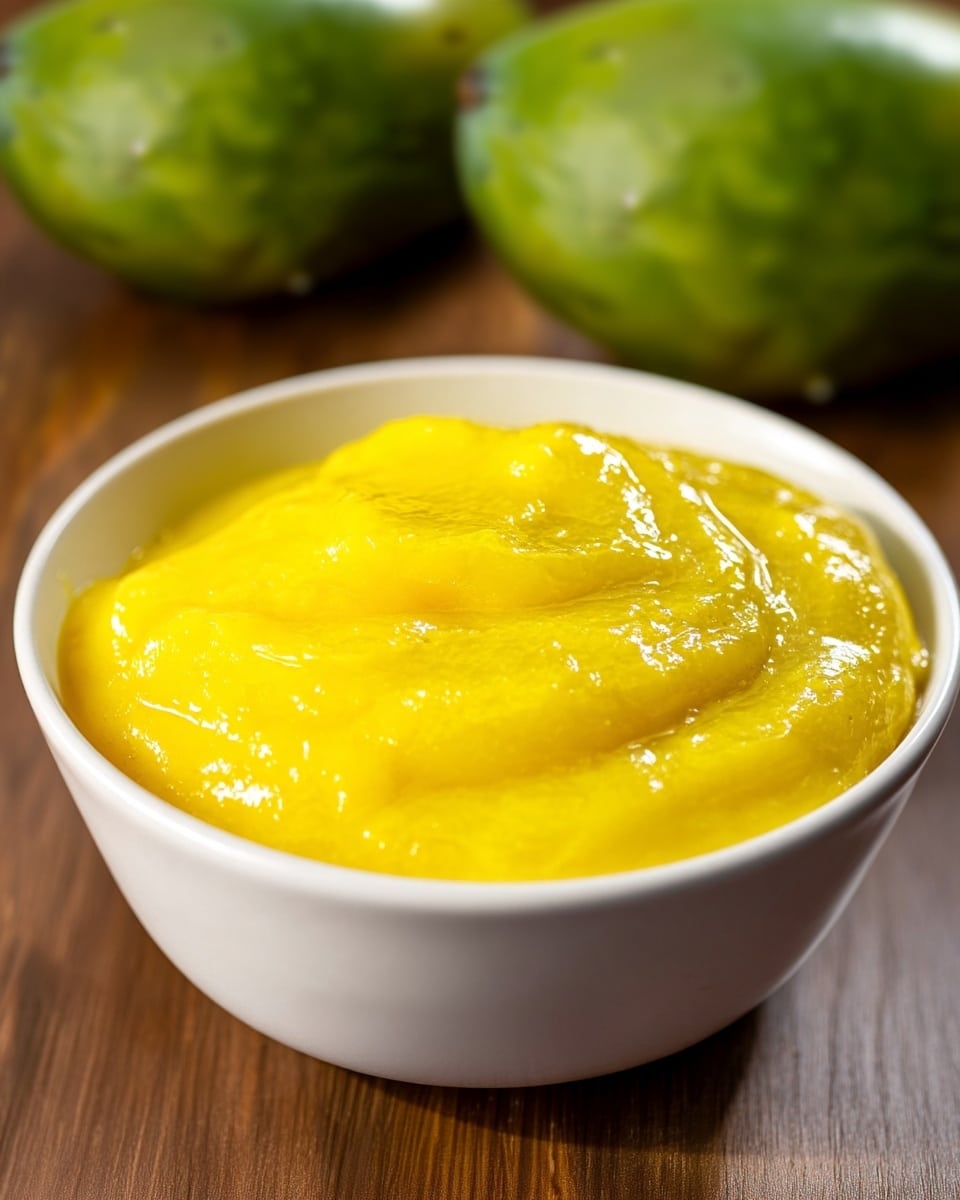 A white bowl filled with a smooth, bright yellow mango puree that has a soft, slightly glossy texture and even surface. The bowl sits on a wooden surface, with a whole green mango blurred in the background. The focus is on the vibrant puree inside the bowl. Photo taken with an iphone --ar 4:5 --v 7