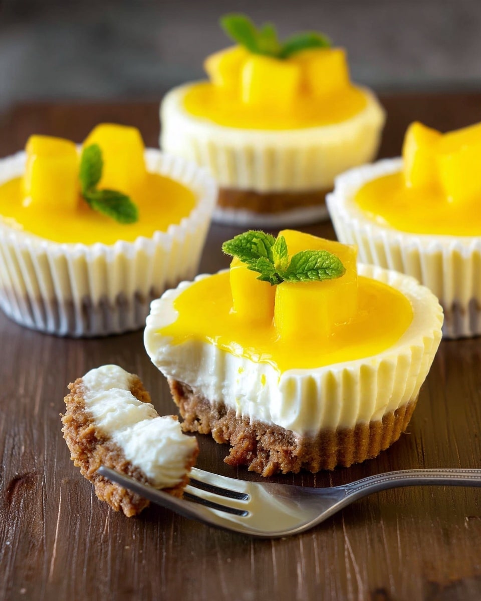 The image shows small cheesecakes in white paper cups. Each cheesecake has three layers: a crumbly brown crust at the bottom, a creamy white middle layer, and a bright yellow top layer. The top layer is glossy and smooth, with small mango cubes and a green mint leaf placed in the center. One cheesecake in the front has a bite taken out, showing the thick creamy texture inside. The cheesecakes are arranged on a wooden surface with a silver fork beside them. photo taken with an iphone --ar 4:5 --v 7