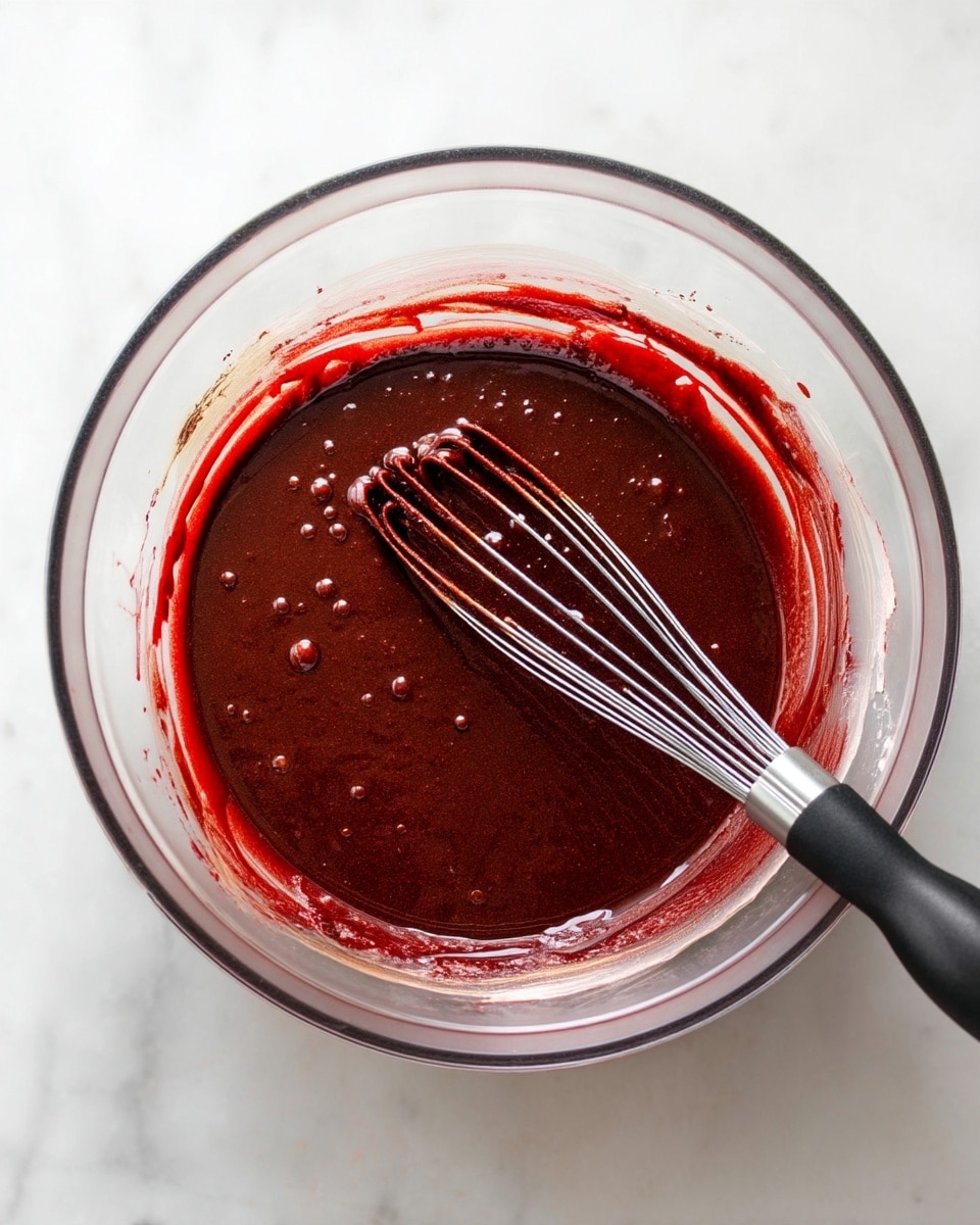 A clear glass bowl sits on a white marbled surface, filled with a thick, deep reddish-brown chocolate mixture. The mixture has a smooth texture with some small bubbles on top. A metal whisk with a black handle is partially submerged in the mixture, resting towards the right side of the bowl. The edges of the bowl have red chocolate streaks, showing recent stirring. Photo taken with an iphone --ar 4:5 --v 7