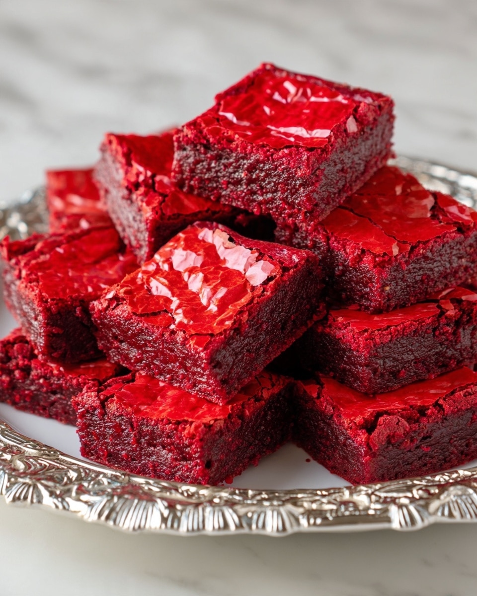 A pile of square red velvet brownies is arranged closely on a white plate with intricate silver edges. Each brownie shows a vibrant red color with a shiny, crinkled top layer that looks slightly crackled, revealing a dense and moist texture beneath. The brownies vary in height but all maintain a thick, rich layer that emphasizes their soft interior. The plate sits on a white marbled surface that adds a clean and bright background to the deep red dessert. photo taken with an iphone --ar 4:5 --v 7