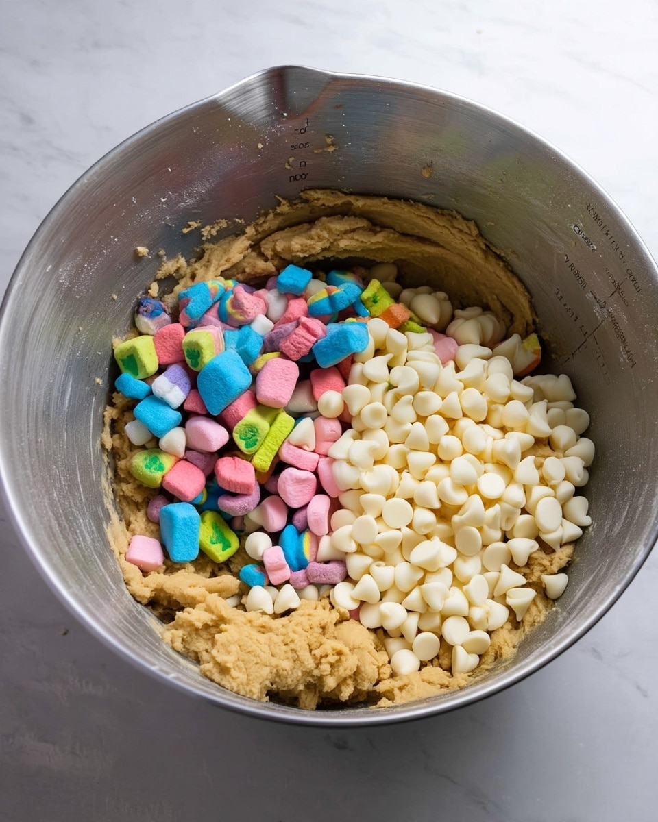 Inside a large metal mixing bowl on a white marbled surface, there is a thick beige dough layer covering the bottom. On top of the dough, two separate piles rest side by side: one of small, colorful marshmallows in pink, blue, yellow, green, and purple; the other of smooth, white chocolate chips. The bowl’s interior has measurement markings visible on the side and some smudges of dough stuck around. Photo taken with an iphone --ar 4:5 --v 7