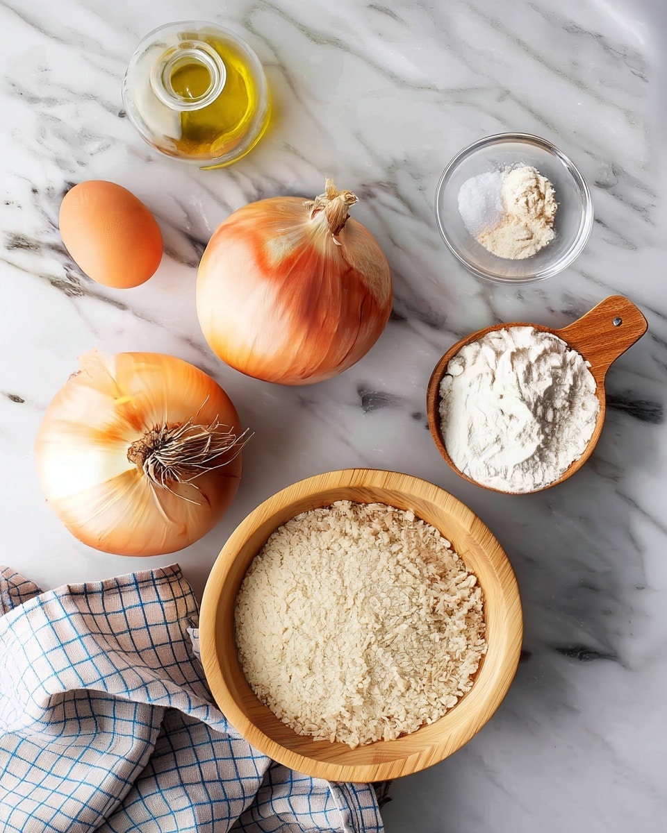The image shows a top view of several cooking ingredients placed on a white marbled surface. There are two whole yellow onions near the center, one with a short stem and the other showing its roots. To the left side, there is a single brown egg and above it, a clear glass bottle with olive oil. On the right side, a small clear glass bowl contains a mix of salt and some white powder, and next to it, a small wooden bowl filled with white flour. In the foreground, a larger wooden bowl holds a heap of beige breadcrumbs. A white cloth with a blue checkered pattern is partially visible under the bowls on the bottom left. Photo taken with an iphone --ar 4:5 --v 7