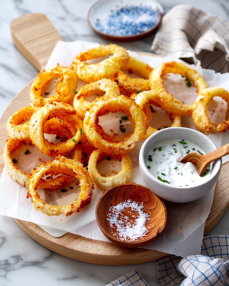 A pile of golden brown crispy onion rings with a crunchy texture, scattered on white parchment paper on top of a round wooden board. The onion rings show light and darker toasted spots with some small green herb bits sprinkled on them. To the side, there is a small white bowl of creamy white dipping sauce with green herbs mixed inside, featuring a wooden spoon resting in it. Next to it, a small round wooden dish holds some coarse sea salt. The background is a white marbled surface with a blue-striped cloth partially visible. Photo taken with an iphone --ar 4:5 --v 7