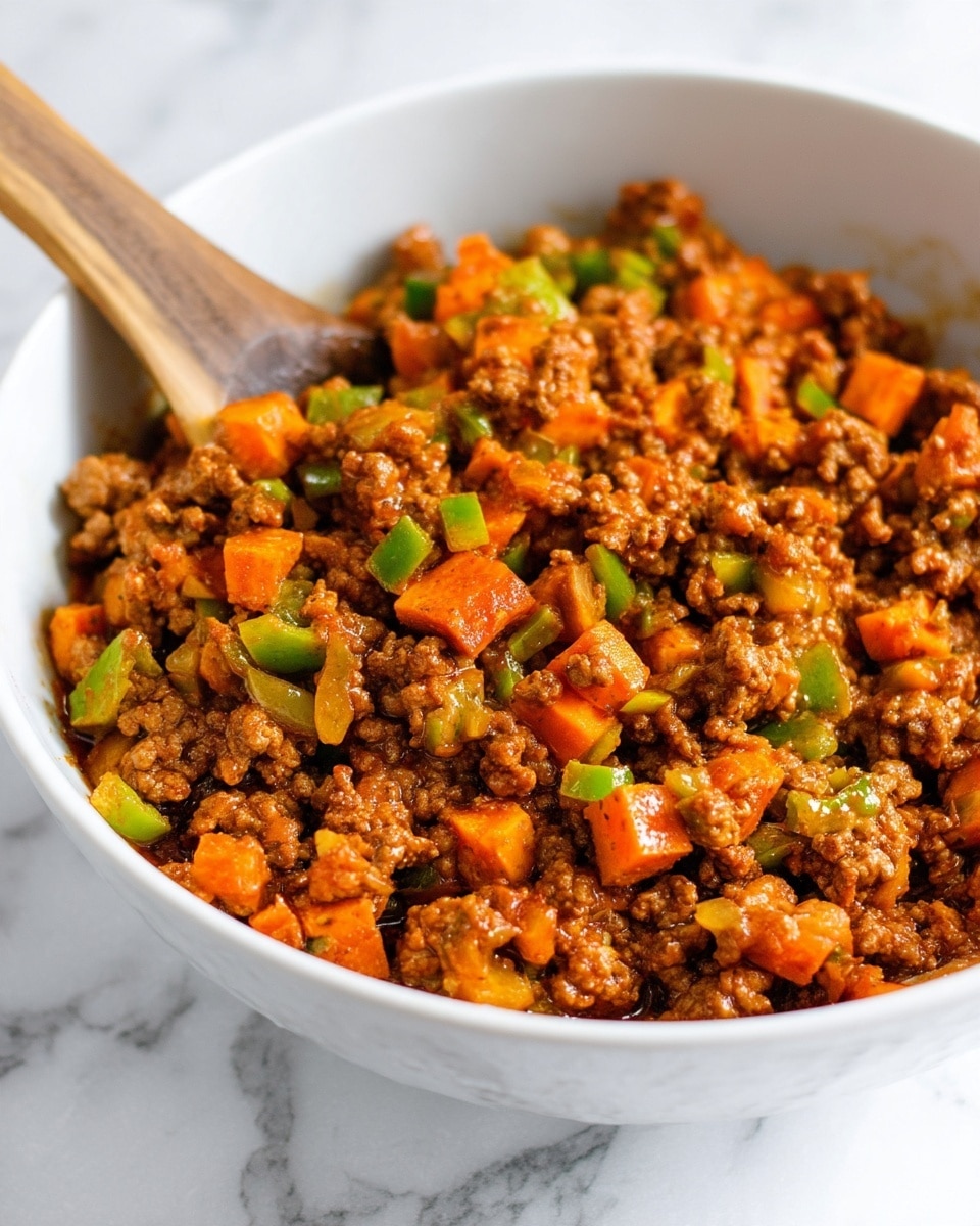 A close-up view of a white bowl filled with cooked ground meat mixed with bright orange carrot cubes and small green bell pepper pieces, all evenly combined in a saucy texture with a rich brown color. A wooden spoon is partially visible inside the bowl on the left side. The bowl sits on a white marbled surface photo taken with an iphone --ar 4:5 --v 7