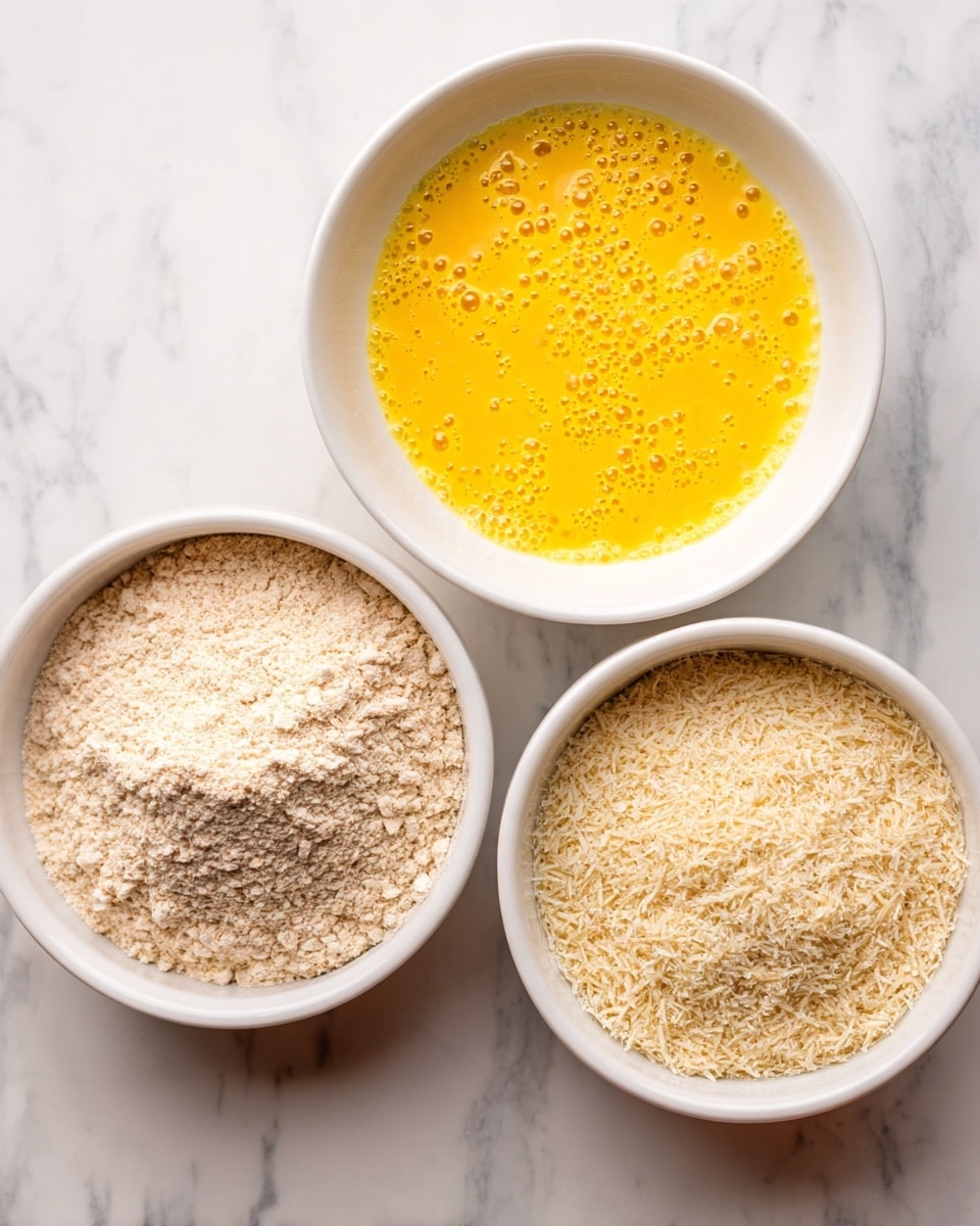 Three white bowls sit on a white marbled surface. The top bowl holds a bright yellow beaten egg mixture with small bubbles on its surface. The bowl on the left contains a light beige flour mixture that looks soft and powdery. The bowl on the right is filled with pale, finely shredded breadcrumbs that have a slightly rough texture. The bowls are arranged in a triangle shape, with the beaten egg at the top and the flour and breadcrumbs below it. photo taken with an iphone --ar 4:5 --v 7