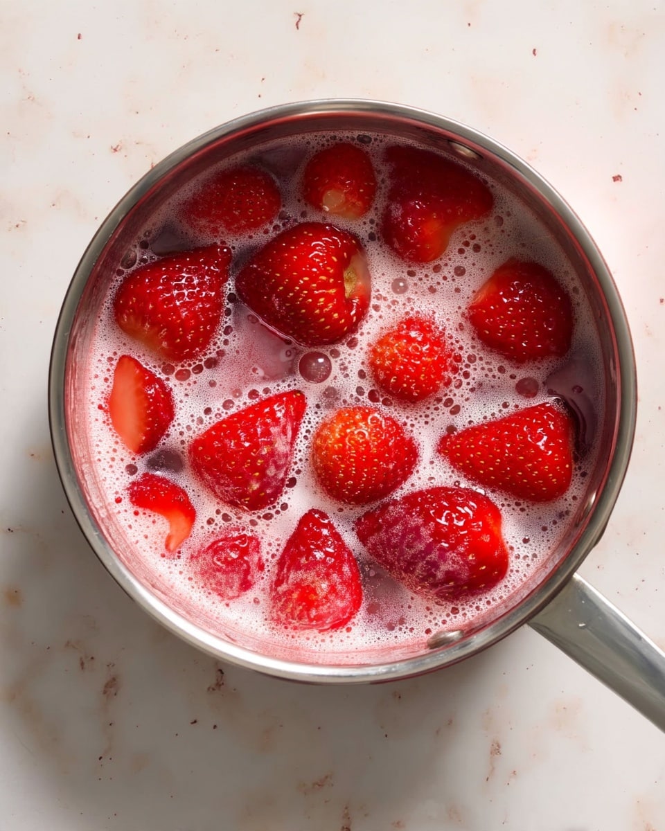A silver pot filled with whole and halved bright red strawberries submerged in a light pink bubbly liquid, showing some foam on the surface. The pot is placed on a white marbled surface. The strawberries look fresh and slightly soft. photo taken with an iphone --ar 4:5 --v 7