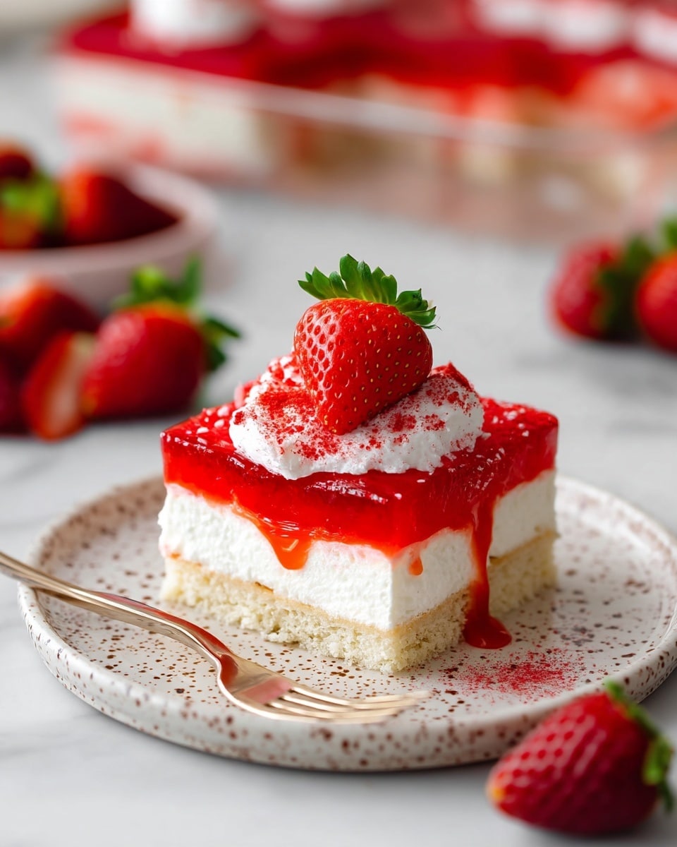 A close-up of a square slice of strawberry dessert on a white plate with small brown speckles, set on a white marbled surface; the dessert has four visible layers starting with a light, crumbly base, followed by a thick white creamy layer, topped with a bright red strawberry jelly layer that drips slightly over the side, and finished with a fluffy white cream layer sprinkled with red powder; a fresh whole strawberry with a green top sits on the center of the cream, while blurred strawberries and another larger tray of the same dessert are visible in the background; photo taken with an iphone --ar 4:5 --v 7