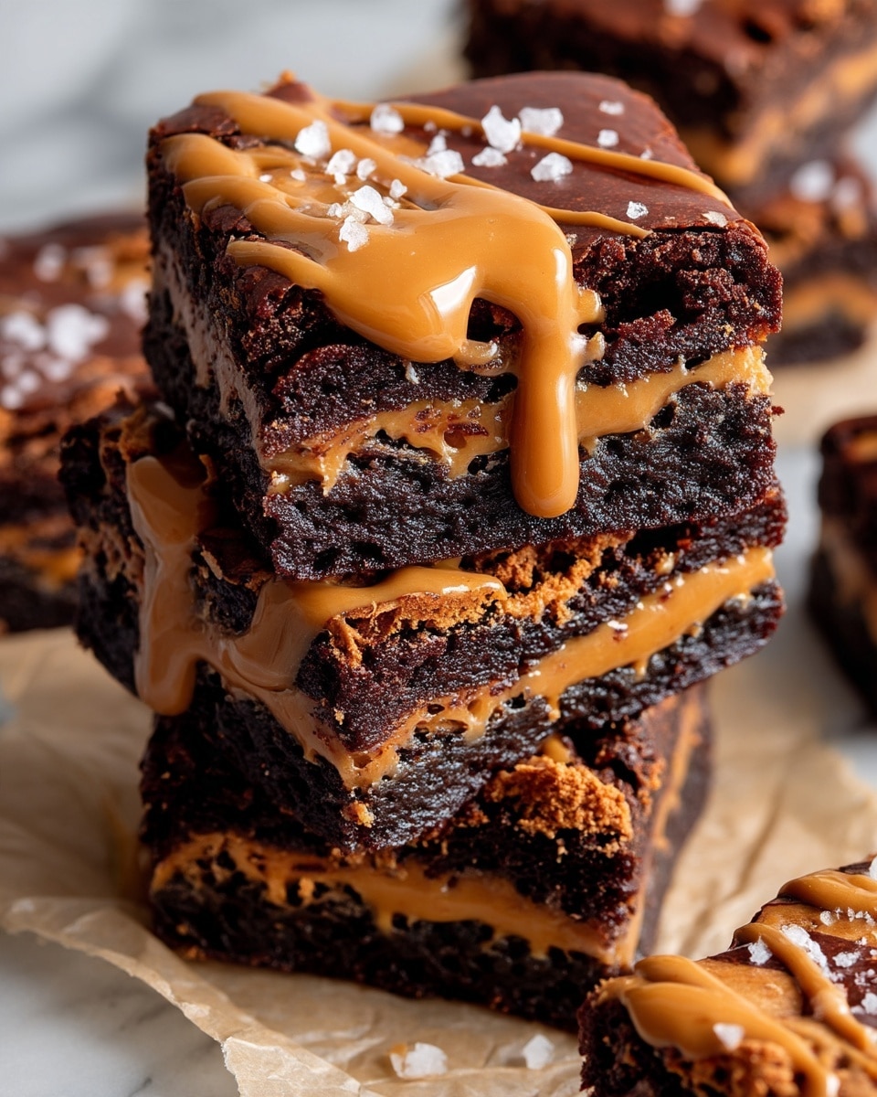 A close-up of a stack of three dark brown brownies with a dense, slightly crumbly texture. Each brownie has a thick layer of smooth, light brown peanut butter filling in the middle. The top brownie is drizzled with shiny, creamy peanut butter sauce that flows down the sides, and small flakes of white sea salt are scattered on top. The brownies rest on a white marbled surface with some crinkles of beige parchment paper visible underneath. Photo taken with an iphone --ar 4:5 --v 7