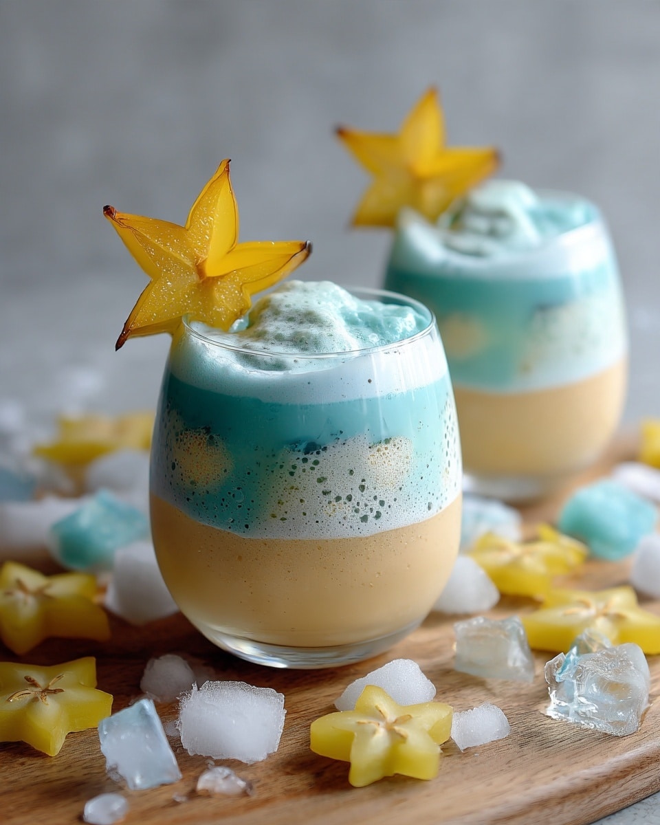Two clear round glasses with three layers of drink stacked inside: a light blue layer at the bottom, a frothy beige layer in the middle, and a thick, bubbly, light blue foam layer on top. Each glass is decorated with a thin, star-shaped yellow fruit slice on the rim. The glasses are placed on a wooden surface scattered with small chunks of ice and additional star-shaped fruit slices. The background and surface should be changed to white marble texture. photo taken with an iphone --ar 4:5 --v 7