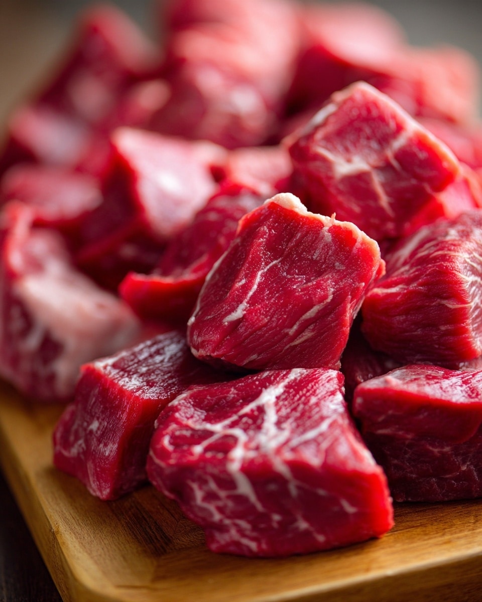 Close-up image of many pieces of raw red meat with fat streaks, piled up on a wooden board. The meat pieces have uneven shapes and textures, showing marbled white fat veins across the red muscle. The background is softly blurred, emphasizing the fresh and moist surface of the meat. photo taken with an iphone --ar 4:5 --v 7