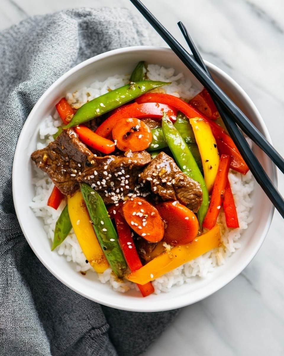 A white bowl filled with a base layer of white rice. On top, there are slices of brown cooked beef mixed with bright red bell pepper strips, orange carrot slices, green snap peas, and yellow bell pepper pieces. The dish is sprinkled with white and black sesame seeds. A pair of black chopsticks rests inside the bowl, and the bowl is placed on a grey cloth on a white marbled surface. photo taken with an iphone --ar 4:5 --v 7