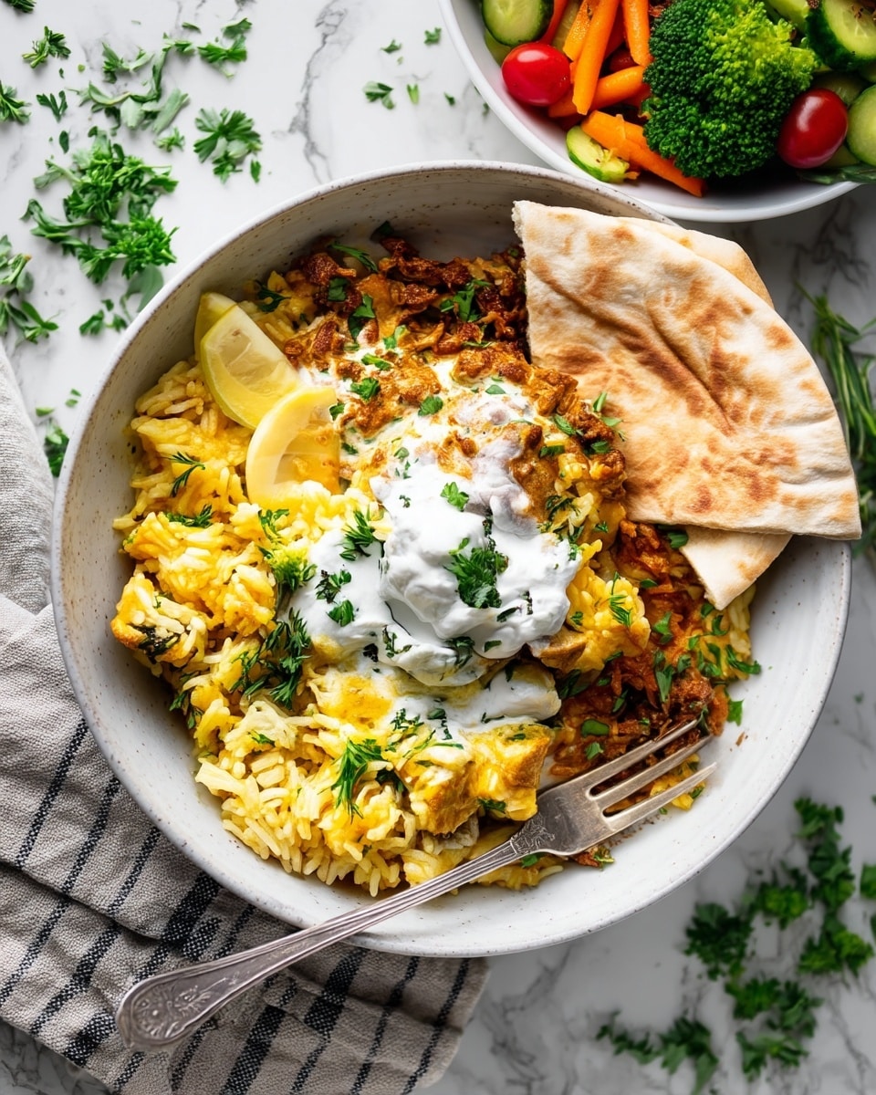 A white bowl contains a layered dish with a base of yellow rice mixed with small chunks of cooked meat, garnished with fresh green herbs. On top, a creamy white sauce is spread in the center, slightly melting into the rice. To the right of the rice, two folded pieces of soft, light brown flatbread rest against the bowl's edge. A fork rests inside the bowl, its tines partly buried in the rice. Behind the main bowl, there is a white dish with a salad showing green broccoli, sliced carrots, cherry tomatoes, and cucumber. The entire setting is placed on a white marbled surface with scattered green herbs around and a textured gray and white cloth napkin on the left side. photo taken with an iphone --ar 4:5 --v 7