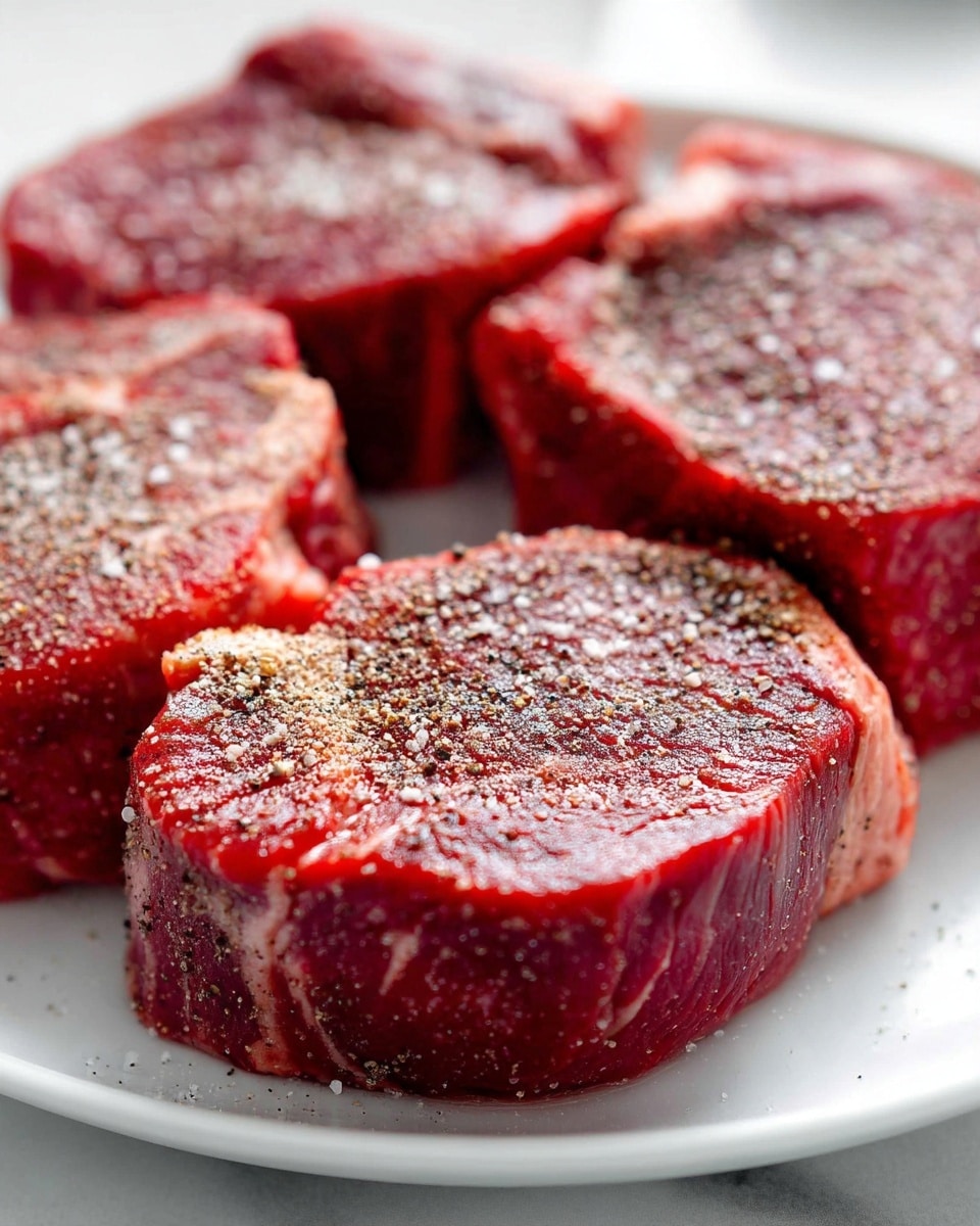 The image shows several raw steak pieces on a white plate with a white marbled background. The steaks are thick and have a deep red color with small bits of white fat around the edges. Each steak is coated with a light layer of black pepper and salt, giving them a slightly speckled appearance. The steaks are close together, and the surface texture is smooth but with visible meat fibers. photo taken with an iphone --ar 4:5 --v 7