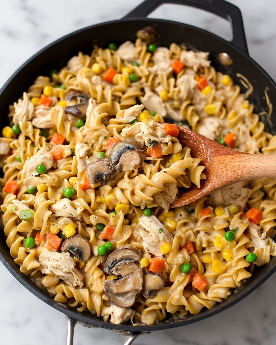 The image shows a black cast iron pan filled with a creamy noodle dish. The pasta is light yellow and twisted, mixed with pieces of shredded chicken, small green peas, diced orange carrots, yellow corn kernels, green beans, and sliced brown mushrooms. A wooden spoon is placed partially under the noodles, with its handle extending out of the pan towards the bottom right corner. The pan sits on a rustic wooden table with a white marbled surface underneath, and near the pan are small wooden bowls with salt and pepper. A bowl of green leafy salad and a checkered cloth napkin are partly visible at the top and right edges of the image. Photo taken with an iphone --ar 4:5 --v 7