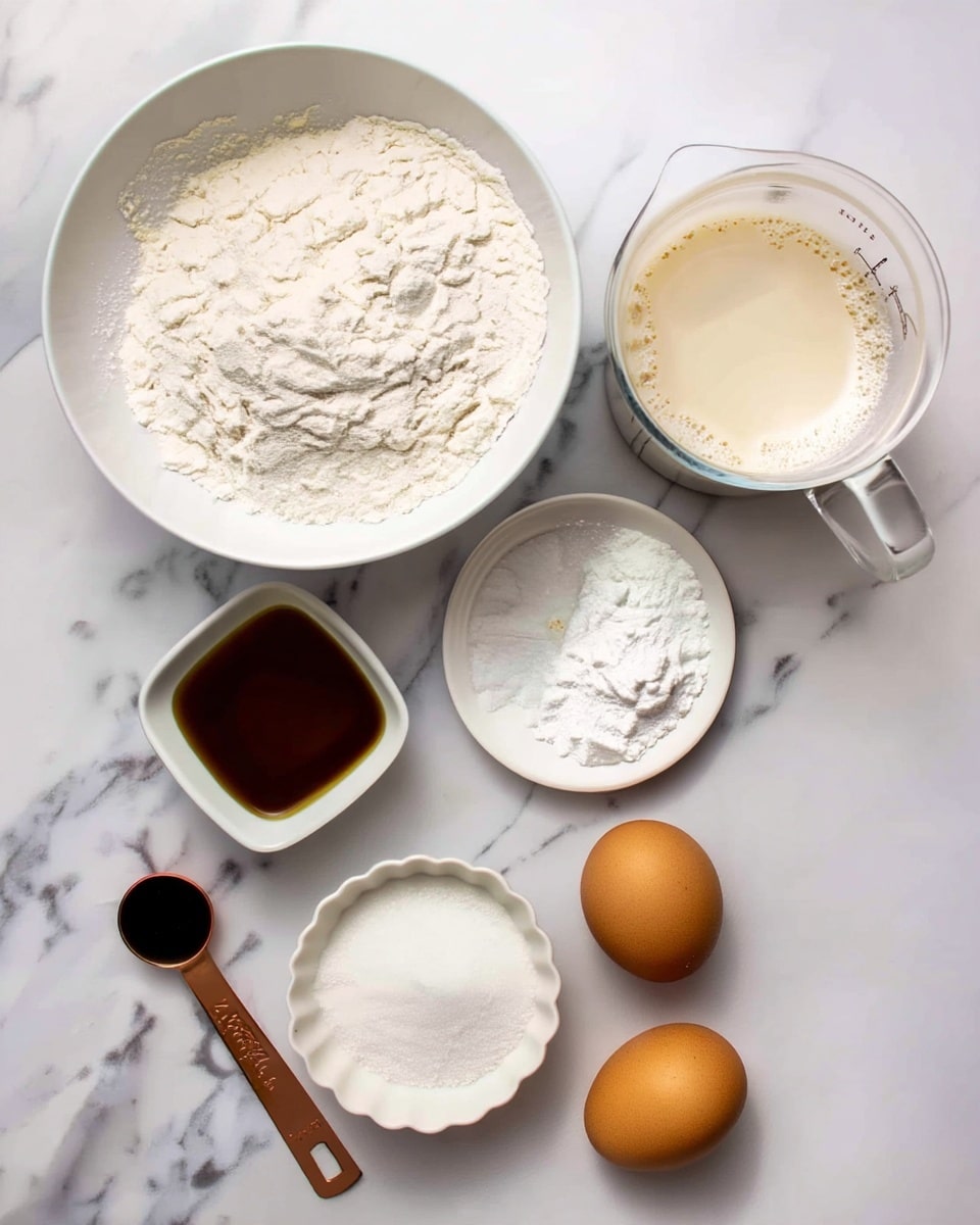 The image shows a top view of baking ingredients placed on a white marbled surface. There is one large white bowl filled with white flour toward the top left. On the right side of the flour bowl is a clear measuring cup with light beige liquid, likely milk. Below the flour bowl is a small white square dish with golden-yellow oil. Next to the oil dish on the right is a small round white plate with white powdered substance. Below these is a white fluted dish filled with white granulated sugar. Two brown eggs are placed to the right of the sugar dish, aligned vertically. At the bottom left corner, there is a small copper measuring spoon filled with a dark liquid, probably vanilla extract. The arrangement is neat and spaced out evenly. photo taken with an iphone --ar 4:5 --v 7