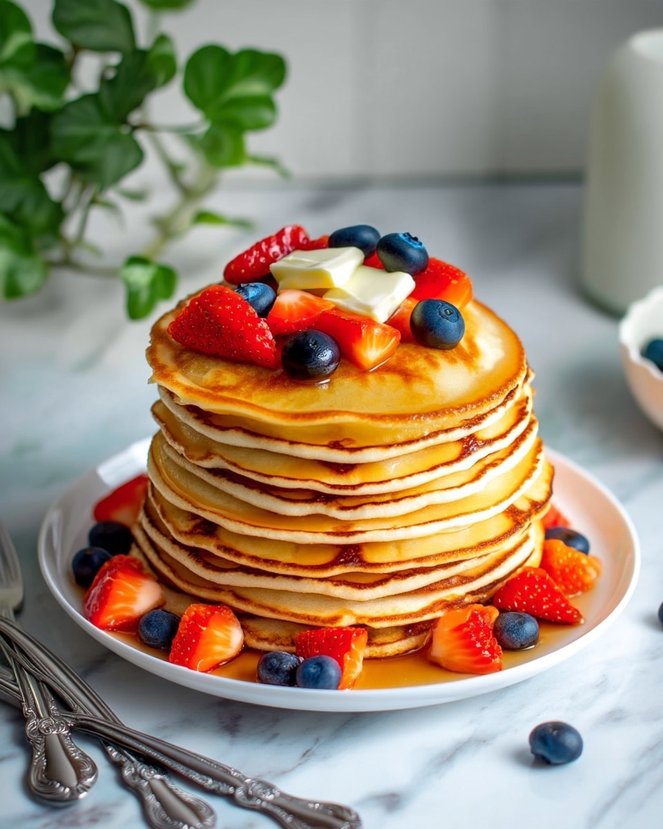 A tall stack of about ten golden-brown pancakes sits on a white plate, each pancake fluffy with slightly crisp edges. On top of the stack, there are small cubes of pale yellow butter, surrounded by bright red strawberry pieces and plump, dark blue blueberries. Some berries fall gently to the plate base, adding a touch of fresh color. The pancakes glisten slightly with syrup that drips softly down the sides. The plate rests on a white marbled surface with a blurred green plant in the background and two ornately detailed silver utensils to the left. Photo taken with an iphone --ar 4:5 --v 7