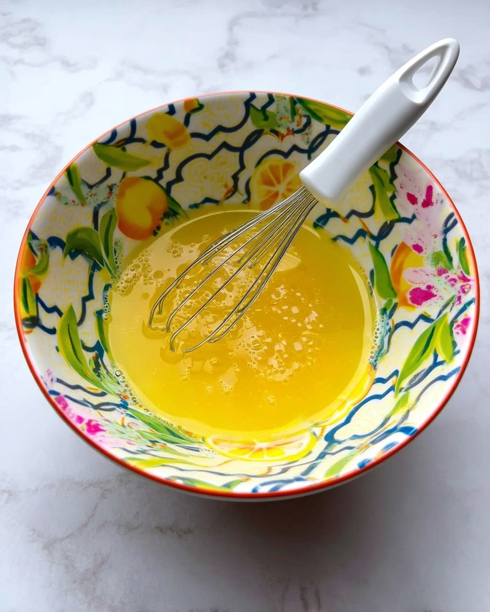 A white bowl with colorful lemon and green leaf patterns around the edges contains a yellow liquid mixture with bubbles on the surface. A small whisk with a white handle rests inside the bowl, partially submerged in the liquid. The bowl is placed on a white marbled surface. photo taken with an iphone --ar 4:5 --v 7