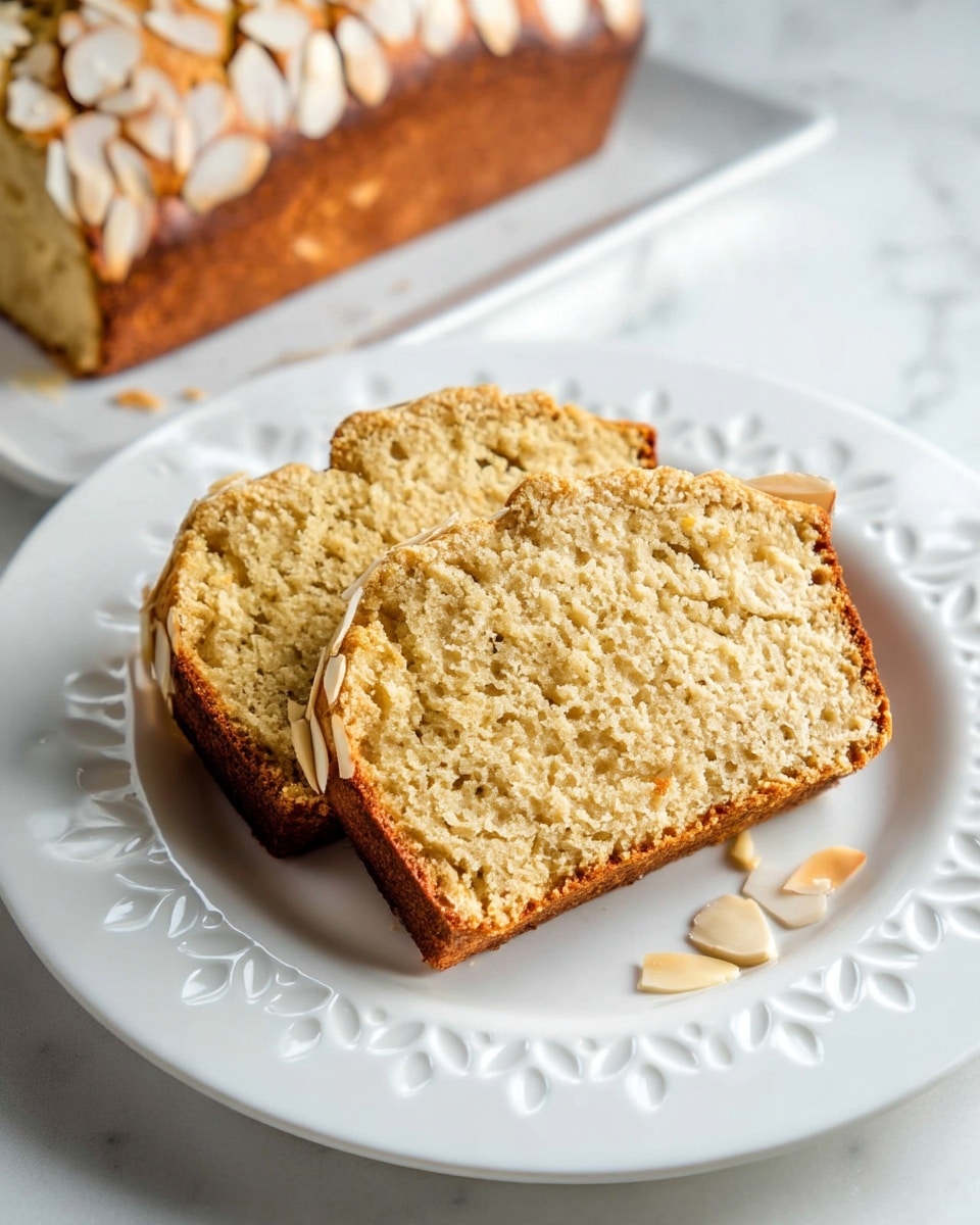 Two slices of soft, light brown cake with a fine crumb texture lay side by side on a white plate with a subtle raised leafy pattern around the edge. The cake has a slightly darker crust, and thin almond slices are scattered lightly on the outer edges and some on the plate. Below the plate is part of a loaf topped with many almond slices. The whole setup sits on a white marbled surface. photo taken with an iphone --ar 4:5 --v 7