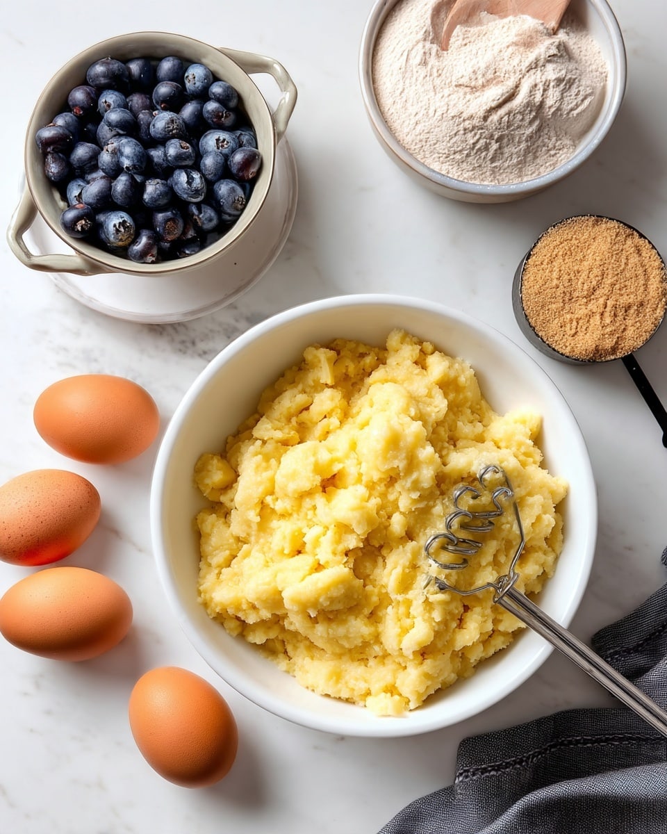 A white bowl filled with mashed yellow bananas sits in the center on a white marbled surface, with a metal potato masher resting inside the bowl. To the left, there are two brown eggs on a small white plate and a white bowl full of fresh blueberries. To the right, there is a white bowl of flour and a black measuring cup filled with brown sugar. A gray cloth napkin lies near the bottom right corner. The scene is bright and clean, with natural light highlighting the soft textures of the ingredients. Photo taken with an iphone --ar 4:5 --v 7