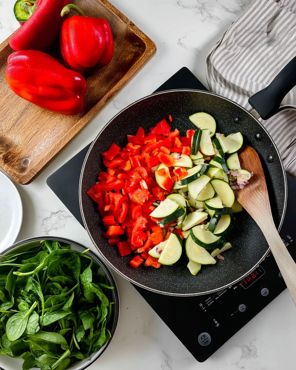 A large black frying pan sits on a black induction cooktop with digital controls, filled about halfway with two layers of chopped vegetables: the bottom layer is bright red diced bell peppers, and the top layer consists of light green slices of zucchini with dark green skin, mixed with small pieces of chopped shallots. A wooden spatula rests inside the pan, partially covered by the vegetables. To the left of the pan, a wooden cutting board holds three whole red bell peppers. Below the cutting board, a clear bowl is filled with fresh dark green spinach leaves. To the right of the pan, a white plate holds the wooden spatula's handle, and behind it is a gray and white striped cloth. All items are set on a white marbled surface. Photo taken with an iphone --ar 4:5 --v 7