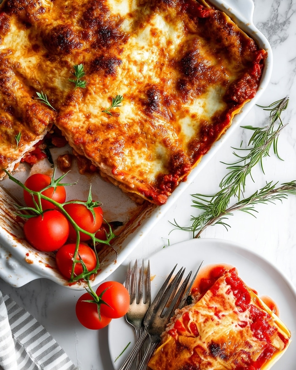 A close-up of a baking dish with three visible layers of lasagna: the top layer is golden melted cheese with some browned spots and red tomato sauce peeking through; the middle layer shows tomato sauce mixed with green vegetable slices and bits of white cheese; the bottom layer includes a thick tomato sauce base. A piece has been removed, showing the wet sauce inside the dish. Next to the dish on a white marbled surface, there is a cluster of fresh red tomatoes on green vines with a sprig of rosemary. In the foreground, a white plate holds one square piece of lasagna covered in tomato sauce, next to a fork and knife. photo taken with an iphone --ar 4:5 --v 7