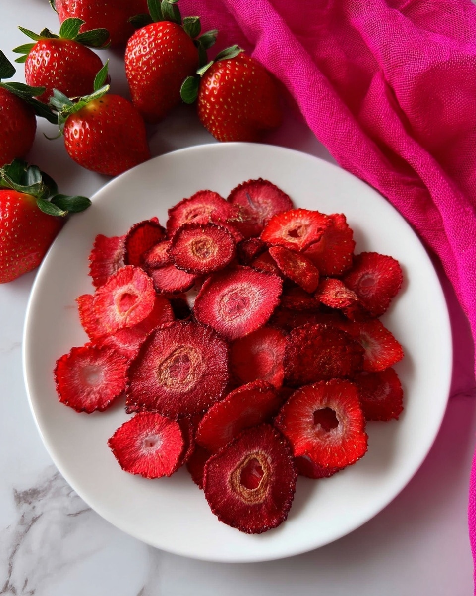 A white plate is filled with a single layer of thin, dried red strawberry slices, each showing visible seeds and slightly curled edges, giving a crisp texture. The plate is set on a white marbled surface. Around the plate, fresh whole strawberries with green leaves and a bright pink cloth are placed, adding vibrant red and pink colors to the scene. Photo taken with an iphone --ar 4:5 --v 7