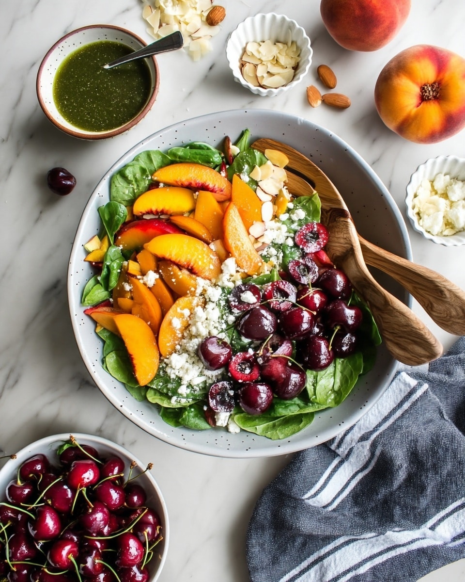 A large white bowl on a white marbled surface holds a fresh salad with three main layers: the bottom is green leafy spinach, the middle layer shows bright orange and red peach slices, and the top is dotted with dark red cherry halves and white cheese crumbles, sprinkled with thin white almond slices. To the right, two wooden salad servers rest inside the bowl. Around it are small white bowls with green dressing, sliced almonds, and cheese, a few loose cherries, and a gray cloth with white stripes at the top right. A smaller white bowl at the bottom holds more peaches and cherries. Photo taken with an iphone --ar 4:5 --v 7
