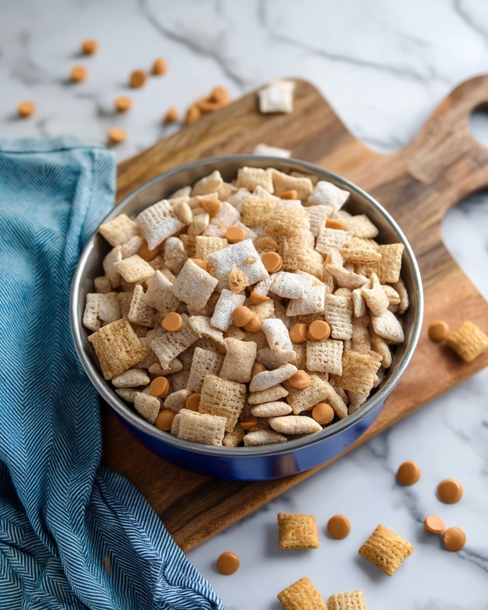 A round metal bowl filled with light tan square cereal pieces that have a puffed, textured look, mixed with small smooth light brown candy drops scattered evenly throughout. The bowl sits on a white marbled surface next to a wooden cutting board with a rounded handle, which has a few cereal squares and candy drops scattered on it. There is a blue cloth with a subtle herringbone pattern partially under the bowl. Photo taken with an iphone --ar 4:5 --v 7