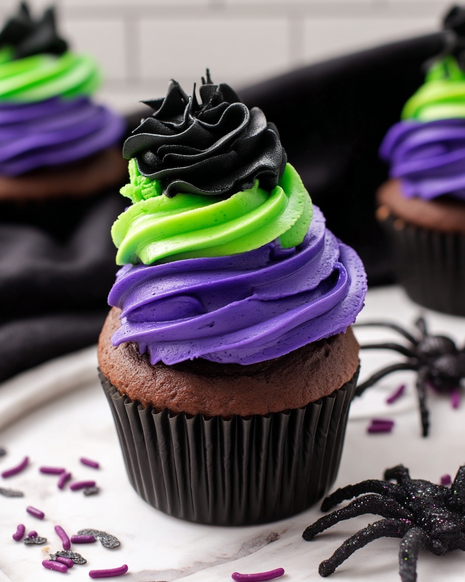 A chocolate cupcake in a black ridged liner sits on a white marbled surface, topped with three layers of smooth frosting: the bottom layer is a thick swirl of deep purple, the middle layer is bright green twisted with the purple, and the top layer is a rich black frosting shaped like flower petals. Around the cupcakes are small black and purple sprinkles and two black glittery spider decorations, adding a spooky theme. The background is blurred white tiles and a black cloth. photo taken with an iphone --ar 4:5 --v 7