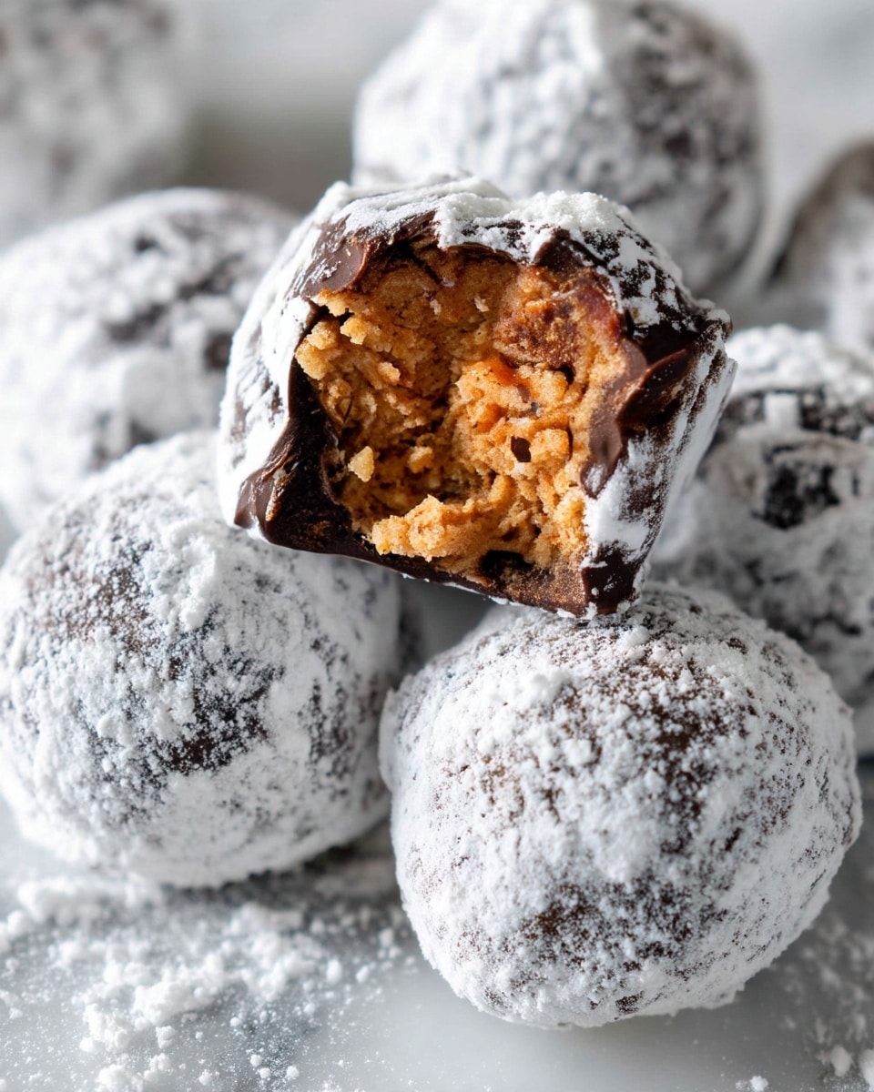 The image shows a close-up of several round truffles covered in a white powdered layer with dark chocolate patches visible underneath. One truffle in the center is bitten, revealing a rough-textured, light brown filling inside, which looks crumbly and dense. The truffles have a textured and slightly uneven surface, stacked closely together on a white marbled surface. The light is soft, highlighting the powder dusting and the contrast between the outer chocolate coating and the inner filling. photo taken with an iphone --ar 4:5 --v 7