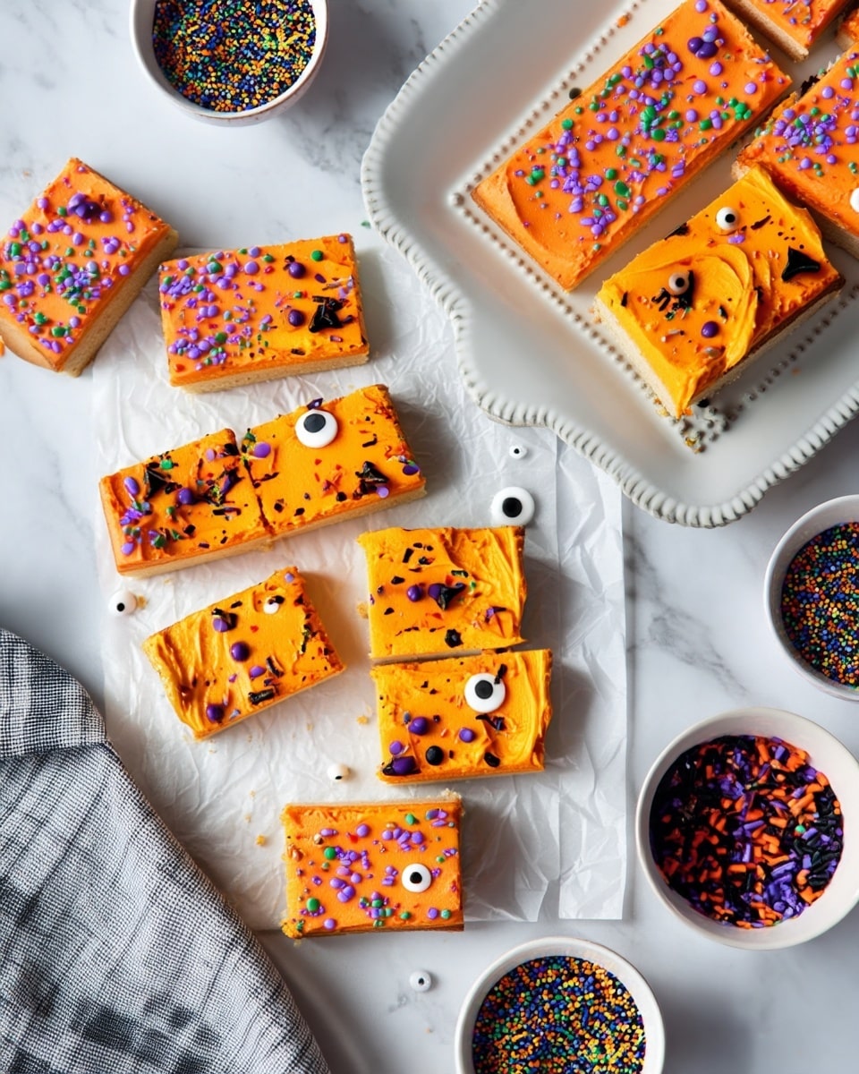 The image shows many rectangular cookies arranged on a white marbled surface covered with crinkled white paper. Each cookie has two layers: a light beige base and a thick top layer of bright orange frosting with a smooth, slightly swirled texture. On top of the frosting are colorful sprinkles in purple, black, orange, green, and some with small candy eyes. The sprinkles are scattered unevenly, giving a playful look. Some cookies are on a white platter with a raised edge on the top right. Two small white bowls filled with mixed sprinkles are near the edges, one on the bottom right and one on the left side. A corner of a grey and white checkered cloth is seen on the bottom left. photo taken with an iphone --ar 4:5 --v 7