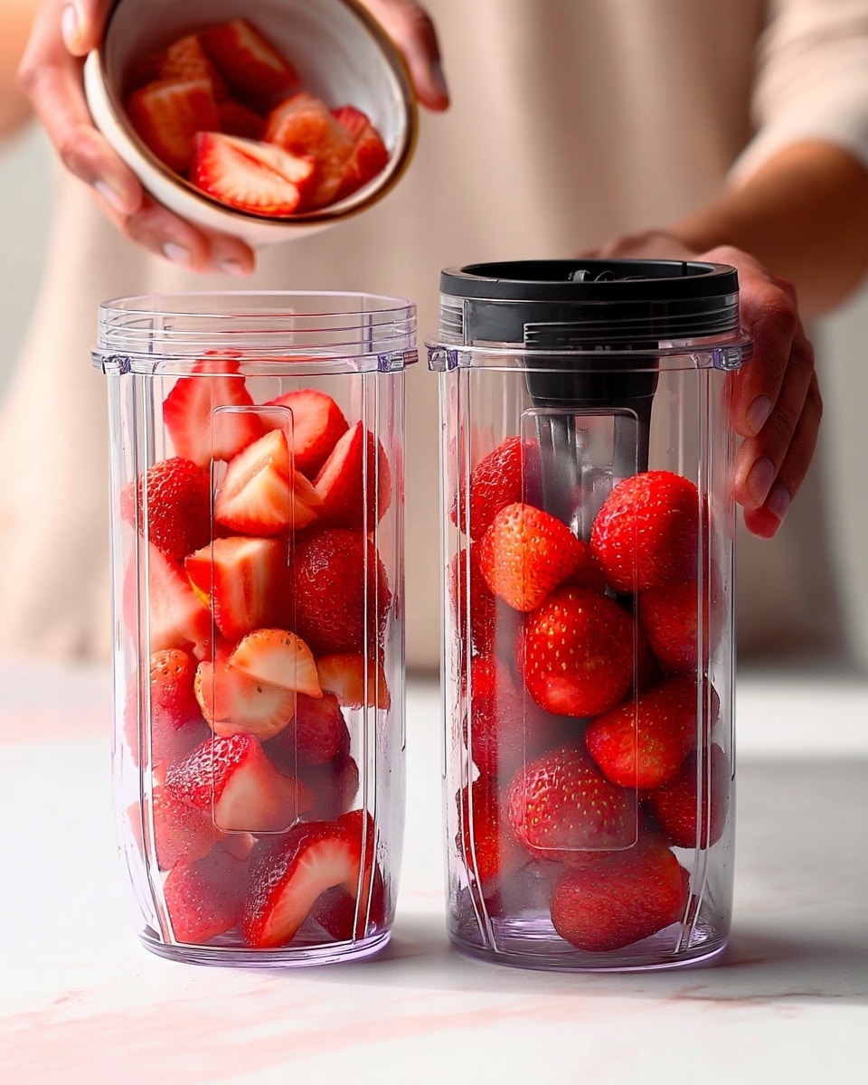 Two clear blender jars sit side by side, each filled halfway with bright red, cut strawberries showing their juicy texture and seeds. A woman's hand holds a small white bowl at the top left corner, pouring more strawberry pieces into the left jar. Another woman's hand steadies and places a black blender blade lid on the jar on the right. The scene is set on a white marbled surface with soft lighting that highlights the natural colors and textures of the strawberries. photo taken with an iphone --ar 4:5 --v 7