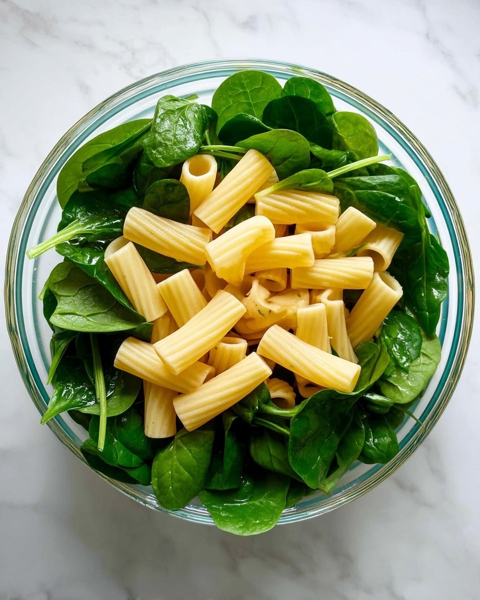 A clear glass bowl filled with two layers of food sits on a white marbled surface. The bottom layer is fresh, dark green spinach leaves with a glossy texture. On top of the spinach is a layer of pale yellow rigatoni pasta, which is hollow and ribbed, scattered evenly across the bowl. The overall look is fresh and simple, showing a mix of green and light yellow in a transparent bowl. photo taken with an iphone --ar 4:5 --v 7