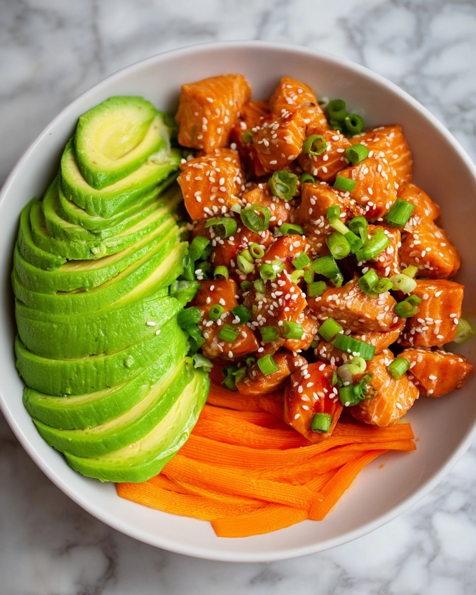 A white bowl with three main layers: on the left side, sliced green avocado with smooth texture forms the first layer; next to it at the bottom, bright orange carrot strips lie flat; and on the right side filling most of the bowl, orange-brown cooked salmon chunks with a slightly crispy look are topped with white sesame seeds and small pieces of green spring onions. The bowl is placed on a white marbled surface. photo taken with an iphone --ar 4:5 --v 7