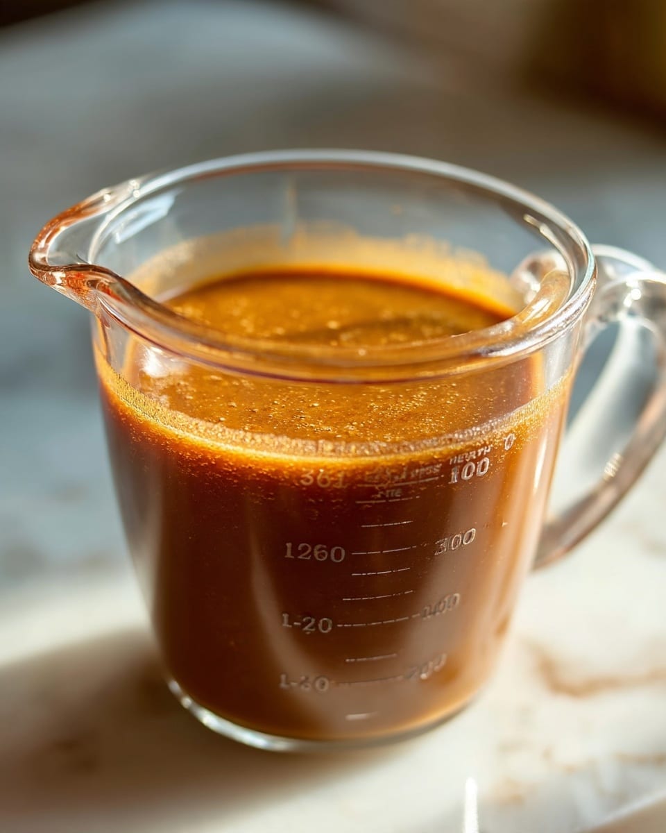A clear glass measuring cup filled about halfway with a thick, smooth brown sauce with a slightly shiny surface, sitting on a white marbled texture. The cup has measurement markings on the side, showing a volume of around 125 ml of the sauce inside. The background is softly blurred with warm light, highlighting the rich color and texture of the sauce. photo taken with an iphone --ar 4:5 --v 7