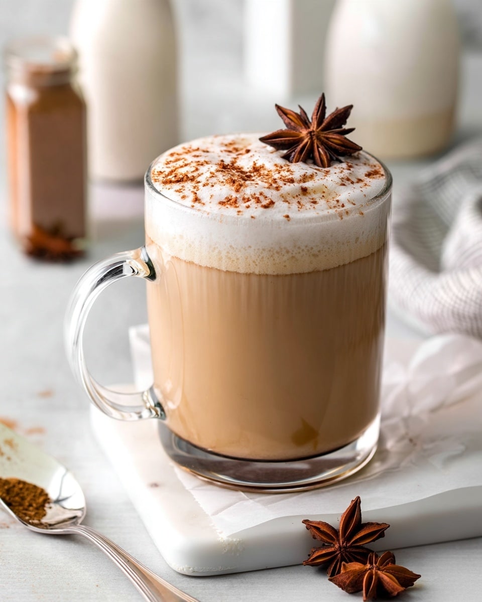 A clear glass mug filled with light brown frothy chai latte, topped with a layer of thick white foamed milk, sprinkled lightly with cinnamon powder, and garnished by a star anise resting gently on top. The mug sits on a white marble slab with a white parchment paper underneath. In the background, blurred creamy white jars and bottles create a soft and cozy feel on a white marbled surface. A silver spoon with brown spice powder lies to the left side of the slab, and a star anise pod is placed to the right on the white marble surface. photo taken with an iphone --ar 4:5 --v 7
