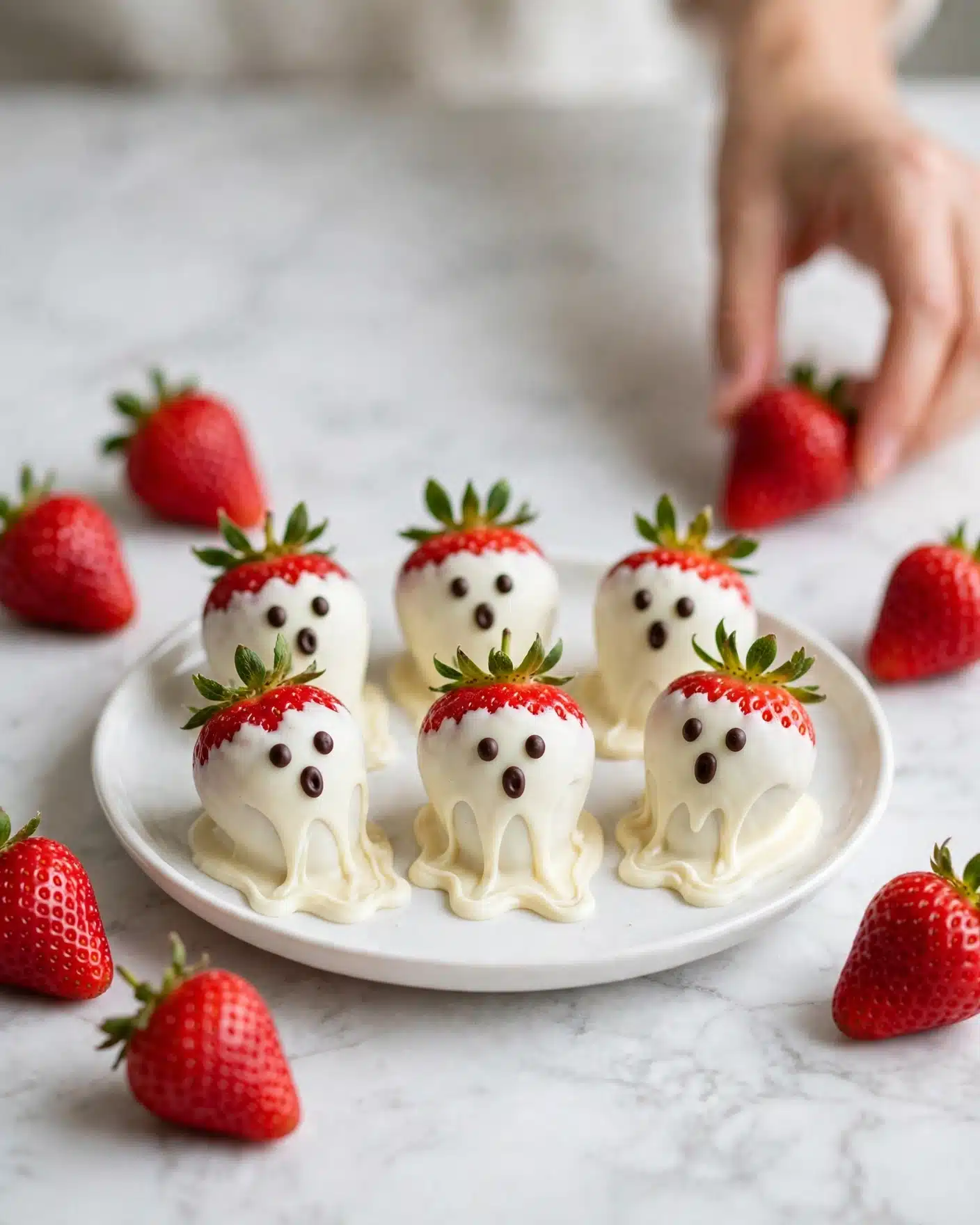 Strawberry Ghosts Recipe 5 The image shows six strawberries dipped in white chocolate on a white plate, each strawberry designed to look like a ghost with two small round chocolate eyes and one oval chocolate mouth on the front. The white chocolate covers the strawberries only partially, leaving the red tops and green leaves visible. The white chocolate extends below each strawberry, forming a wavy, tail-like shape that adds to the ghostly effect. Around the plate, there are several whole red strawberries with green leaves on a white marbled surface, and a woman's hand is touching one strawberry in the background. photo taken with an iphone --ar 4:5 --v 7