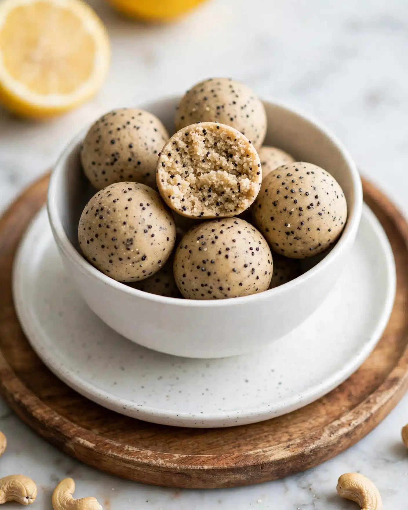 Lemon Poppyseed Energy Bites Recipe 5 A close-up view of six round, beige energy balls speckled with small black seeds, arranged in a white bowl that sits on a matching white marbled plate. One ball is placed on top at the center, showing a textured inside with a slightly crumbly surface, while the other balls surround it closely. In the upper left corner, a yellow half of a lemon is partially visible against the white marbled background. Photo taken with an iphone --ar 4:5 --v 7