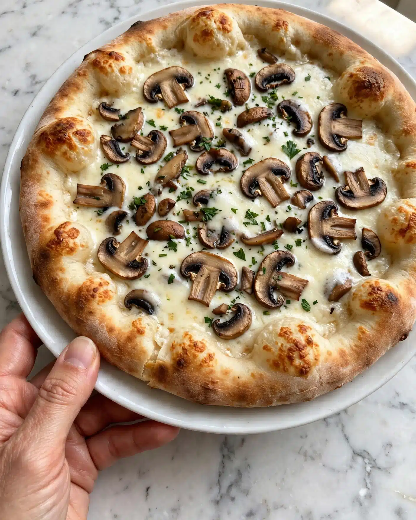 A round pizza with a golden-brown crust that is thick and slightly puffed around the edges sits on a white plate. The pizza has a creamy white cheese base that spreads evenly across the surface. On top, there are sliced, cooked brown mushrooms scattered all over, with small sprinkles of chopped green herbs spread in between. The cheese appears soft and slightly melted, creating a smooth texture mixed with the tender mushrooms. A woman's hand is holding the edge of the plate, and the surface underneath is a white marbled texture. photo taken with an iphone --ar 4:5 --v 7