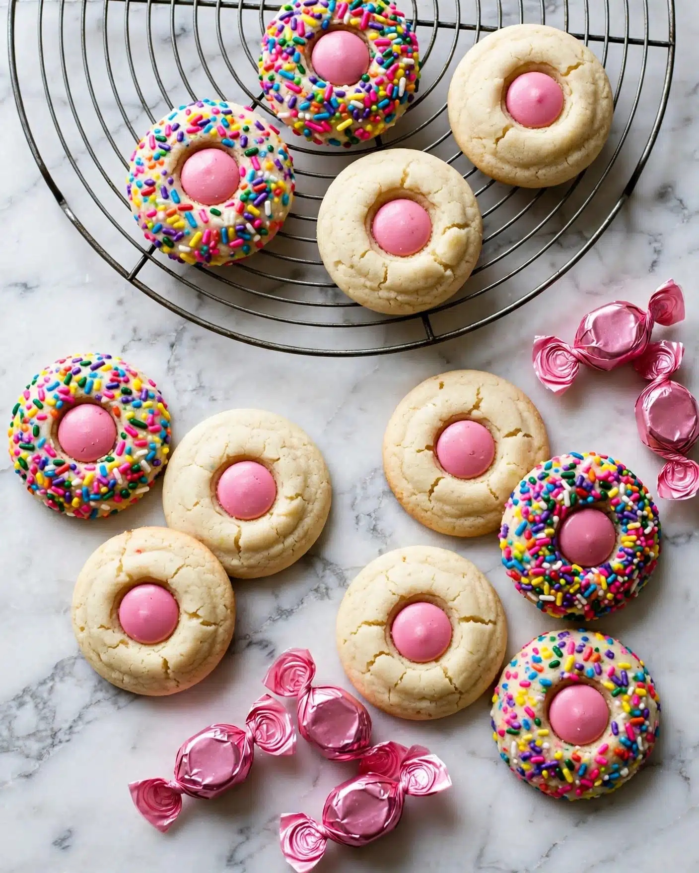 Strawberry Kiss Cookies Recipe 5 The image shows multiple round cookies with a soft white base and a pink candy pressed into the center of each. Some of the cookies have colorful sprinkles covering the whole top surface around the pink candy, while others are plain white with just the pink candy in the middle. The cookies are scattered on a white marbled surface and some are placed on a round metal cooling rack. Shiny pink wrapped candies are also visible among the cookies. Photo taken with an iphone --ar 4:5 --v 7