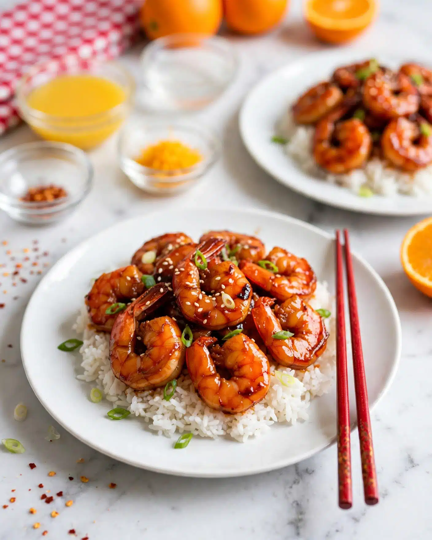 Crispy Orange Shrimp Recipe 5 A white plate on a white marbled surface holds a layer of fluffy white rice as the base. On top, there is a thick layer of shiny reddish-orange glazed shrimp, evenly spread, with a slightly sticky texture. The shrimp are garnished with small sprinkles of white sesame seeds and sliced green onions, adding green and white accents on the dish. Next to the plate are a pair of bright red chopsticks resting on the surface. An out-of-focus half orange and another plate of the same dish are seen in the background. photo taken with an iphone --ar 4:5 --v 7