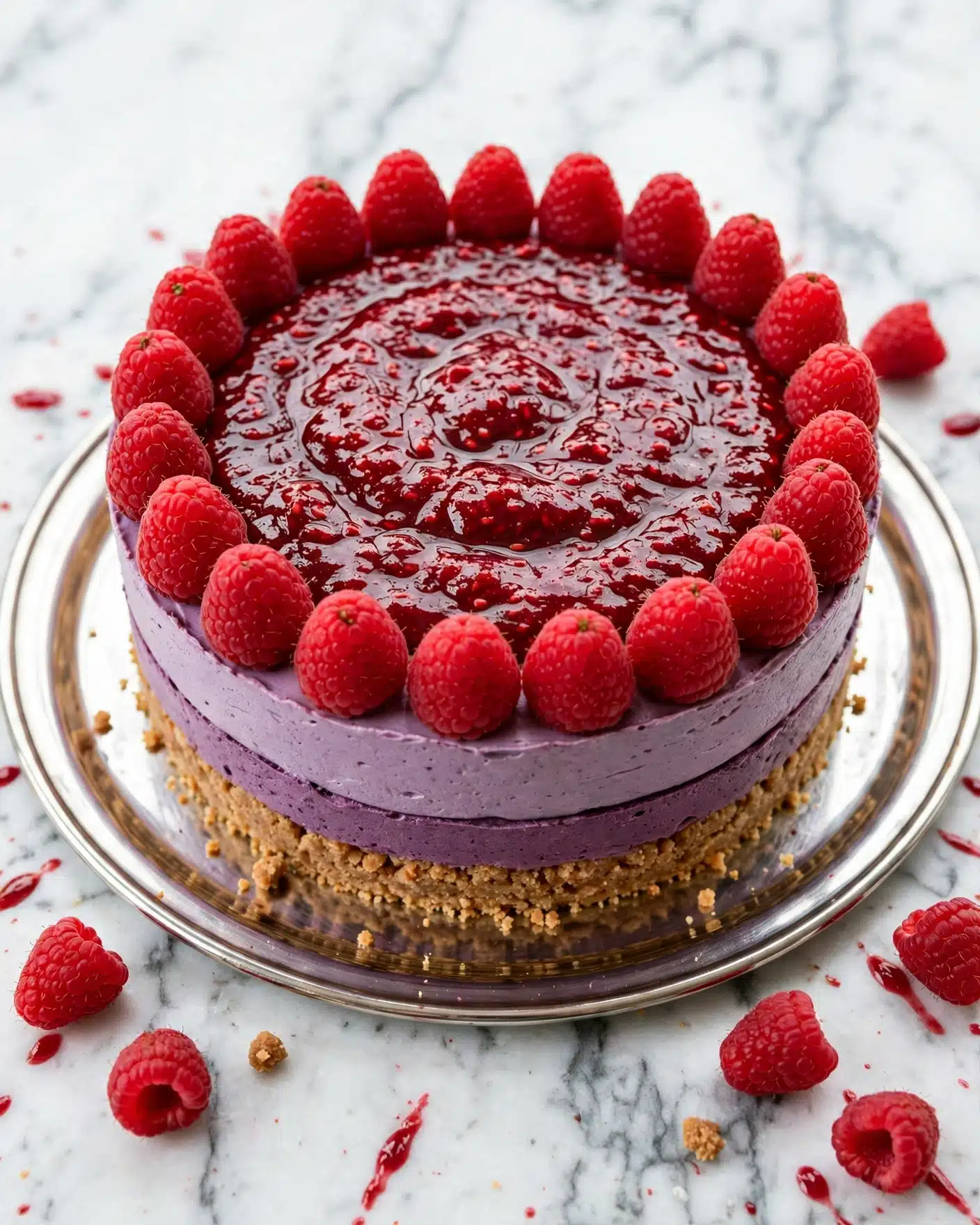 This image shows a three-layer round cake placed on a white marbled surface. The bottom layer is a crumbly light brown crust, the middle layer is smooth and purple, and the top layer is a thicker, textured bright red spread. Around the edge of the top layer, fresh red raspberries stand upright in a circle. Some loose raspberries are scattered around the cake on the white marbled surface. The cake is presented on a shiny silver tray. Photo taken with an iphone --ar 4:5 --v 7