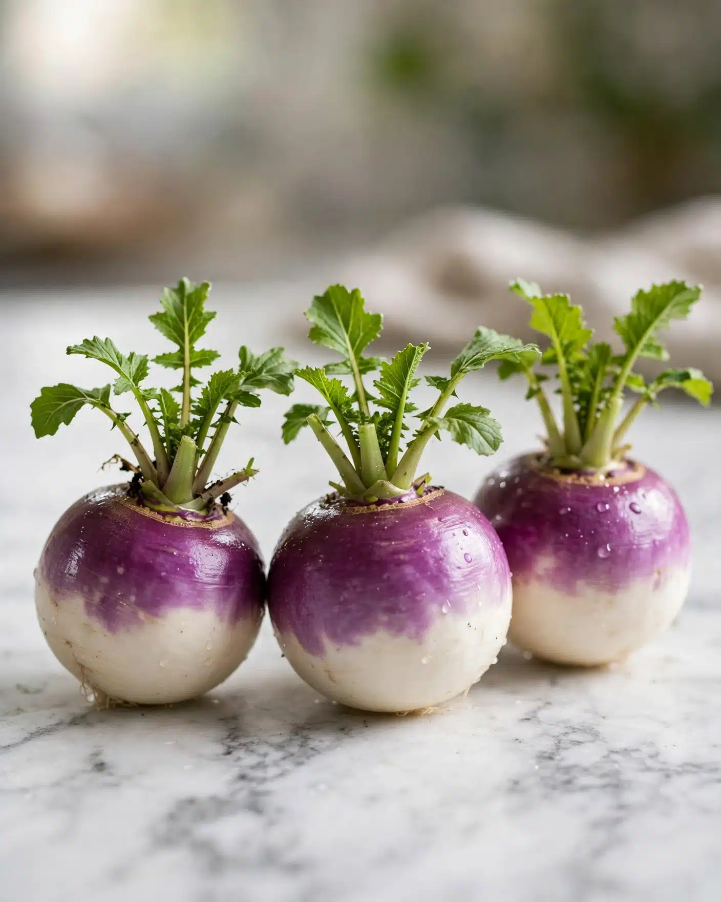 The image shows three turnips placed on a surface with a white marbled texture. Each turnip has a round shape with a smooth skin that is white at the bottom and purple near the top. The turnips' purple tops look fresh with small leafy stems. The texture of the turnip skin appears firm and slightly shiny. The background is softly blurred, keeping the focus on the turnips. Photo taken with an iphone --ar 4:5 --v 7
